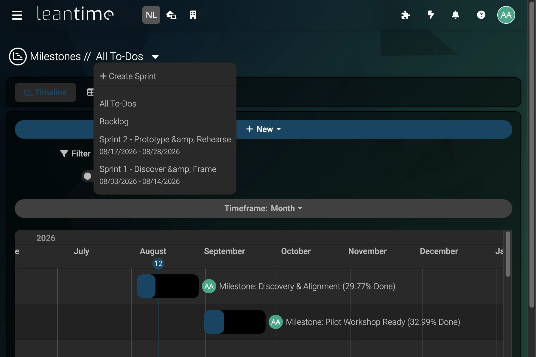 Sprint Selector - wide desktop dark theme in Leantime