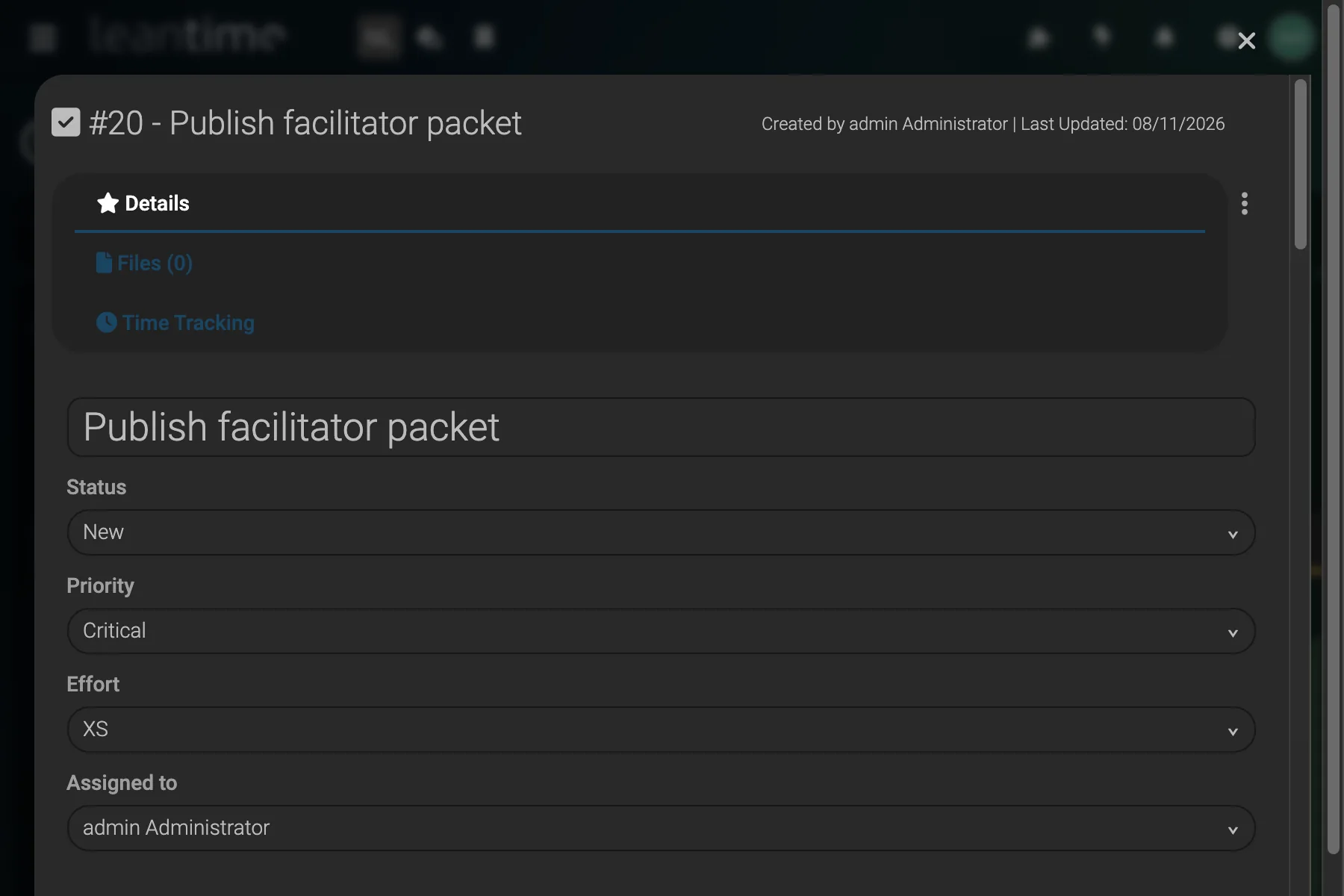 Task Detail Overview - wide desktop dark theme in Leantime