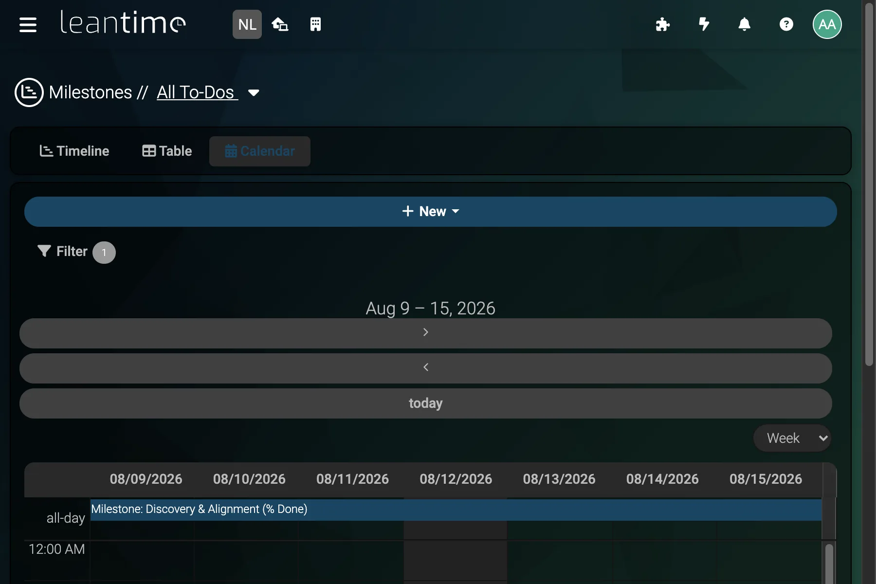 Calendar Week View - wide desktop dark theme in Leantime