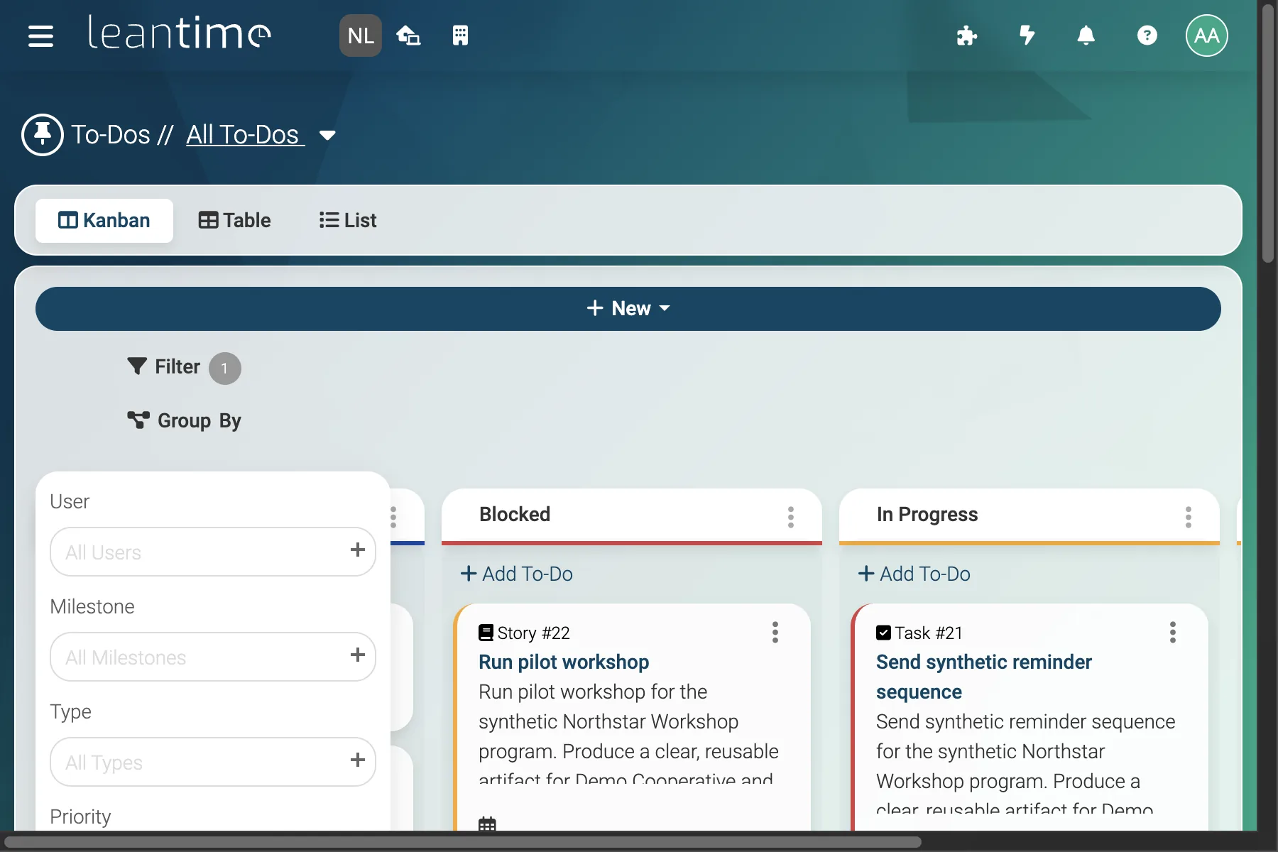 Task Filter Panel - wide desktop light theme in Leantime