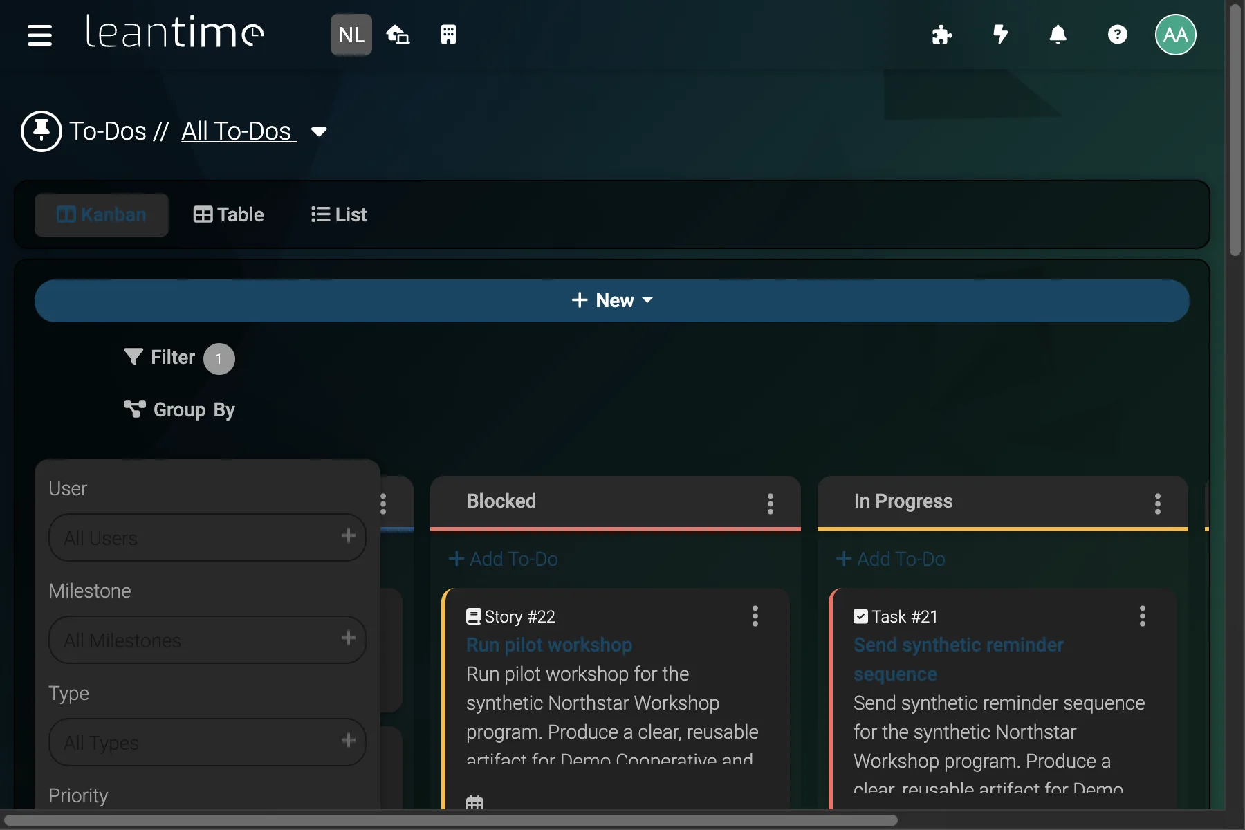 Task Filter Panel - wide desktop dark theme in Leantime