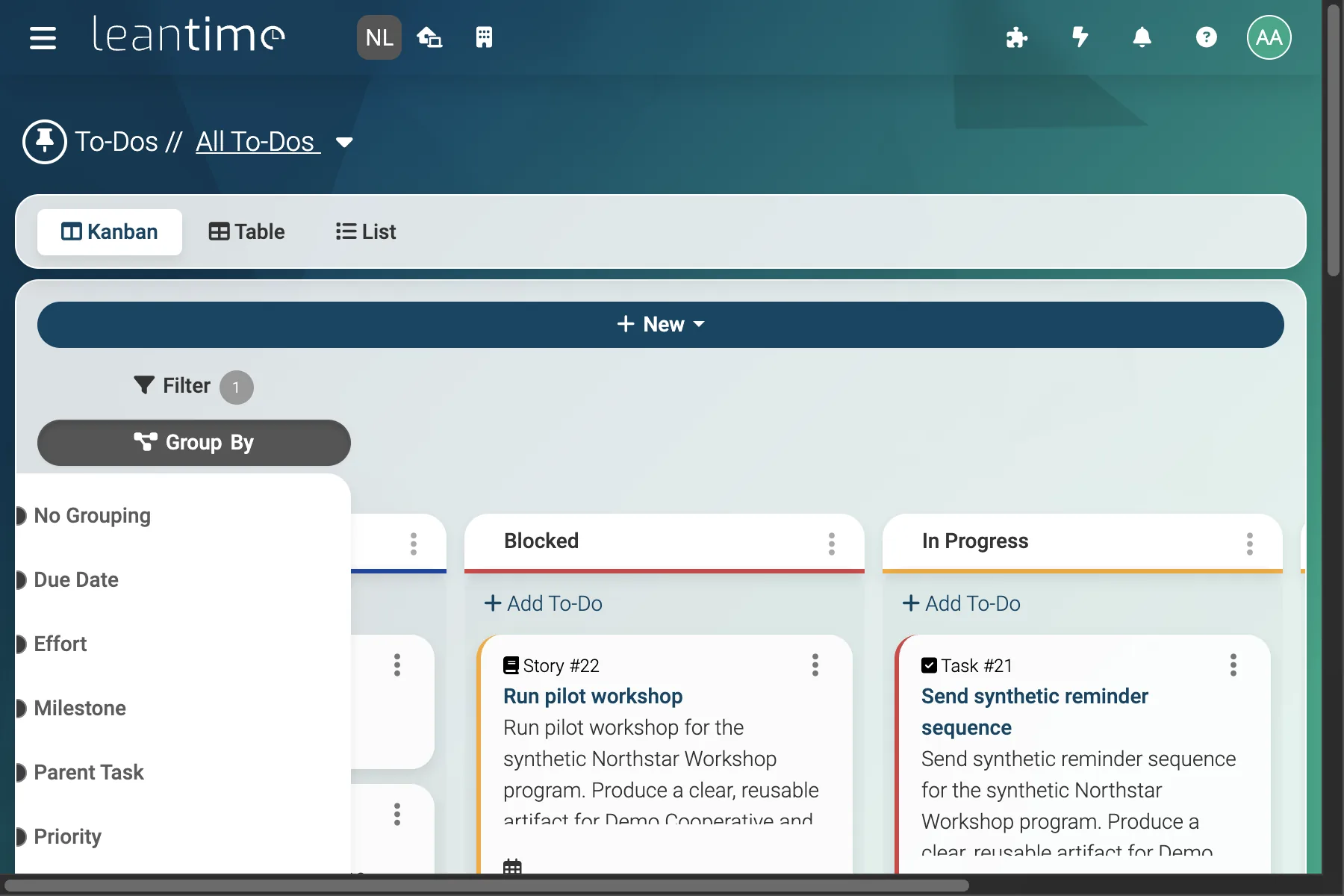 Task Group By Menu - wide desktop light theme in Leantime
