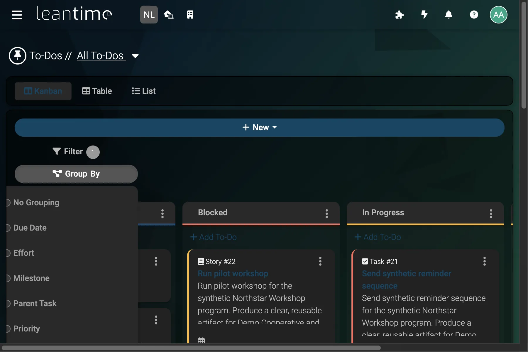Task Group By Menu - wide desktop dark theme in Leantime