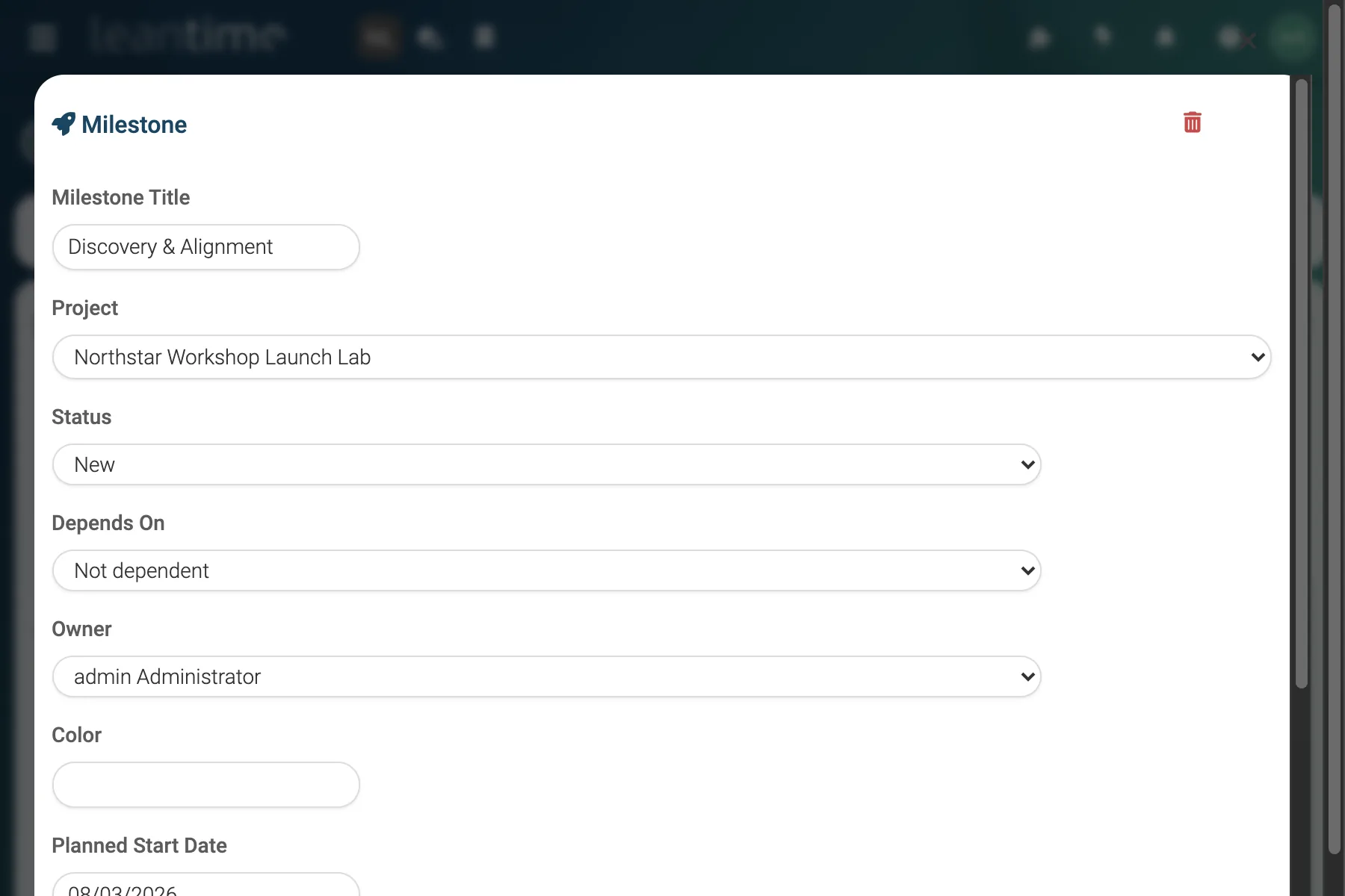 Milestone Detail - wide desktop light theme in Leantime