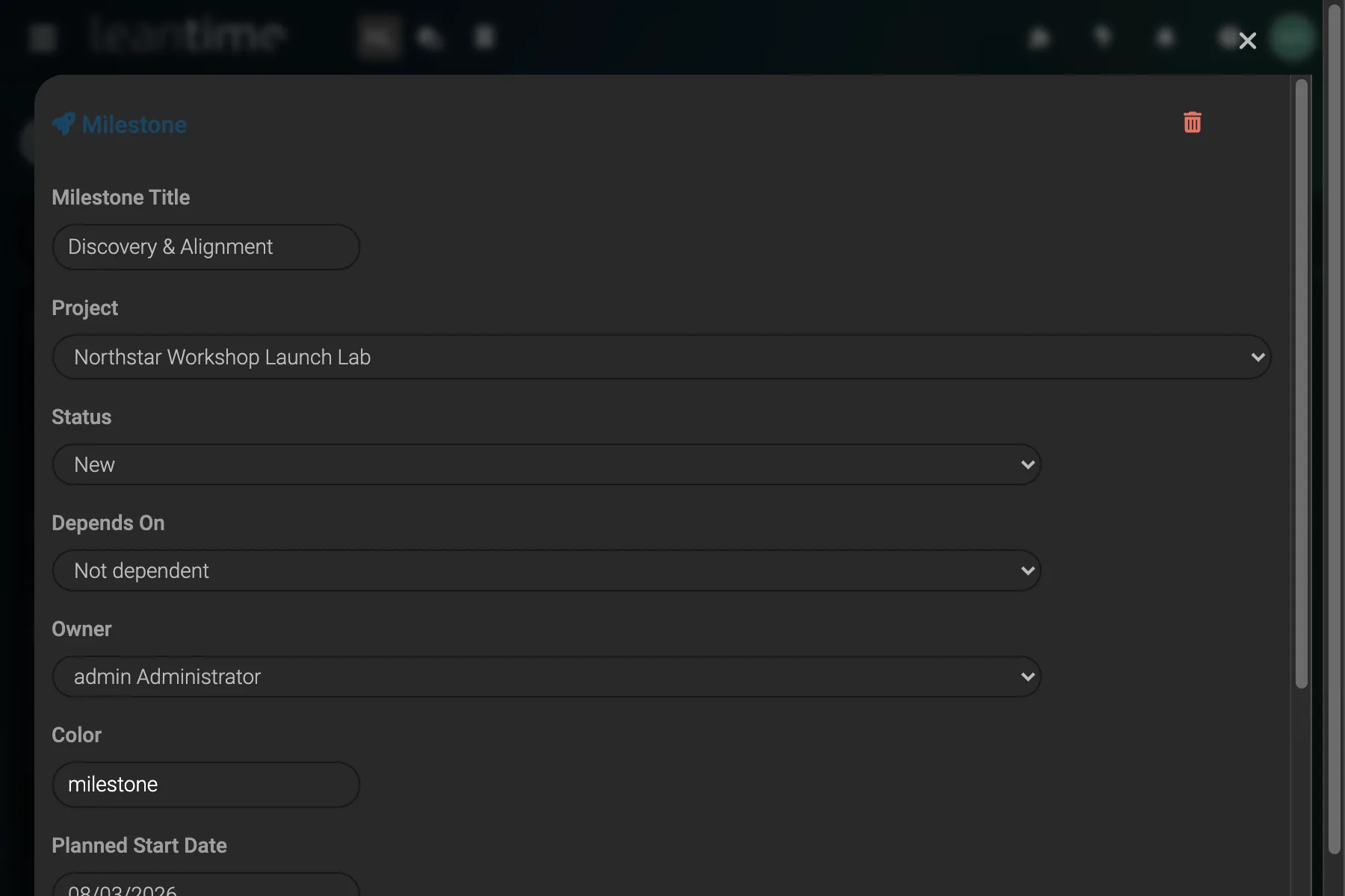 Milestone Detail - wide desktop dark theme in Leantime