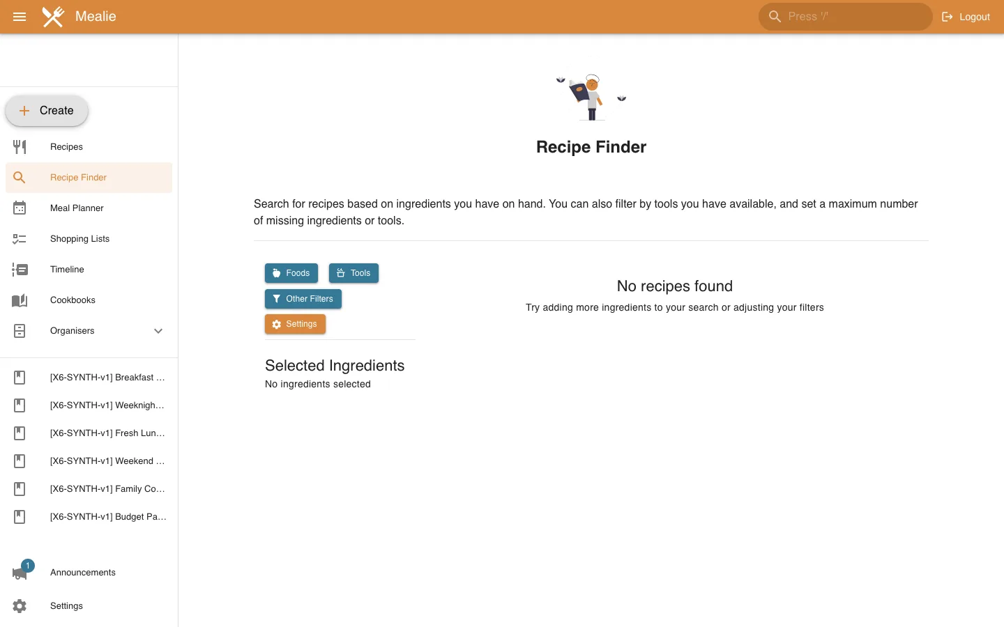 Recipe Finder workspace in the Mealie interface
