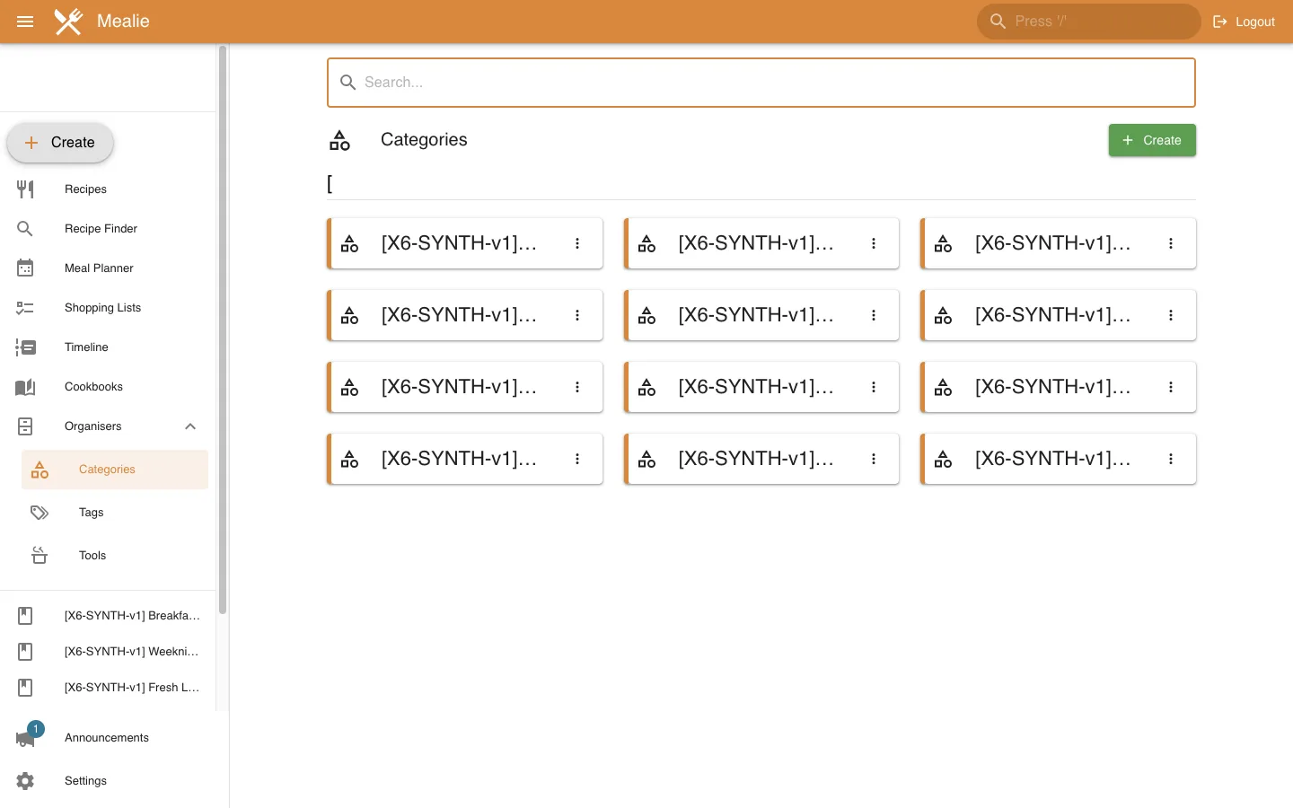 Categories organizer overview in desktop light theme in the Mealie interface