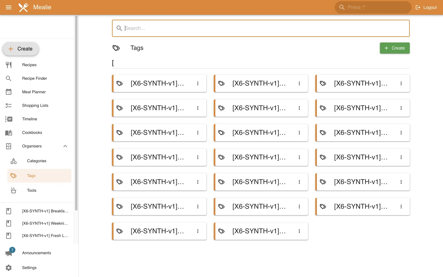 Tags organizer overview in desktop light theme in the Mealie interface