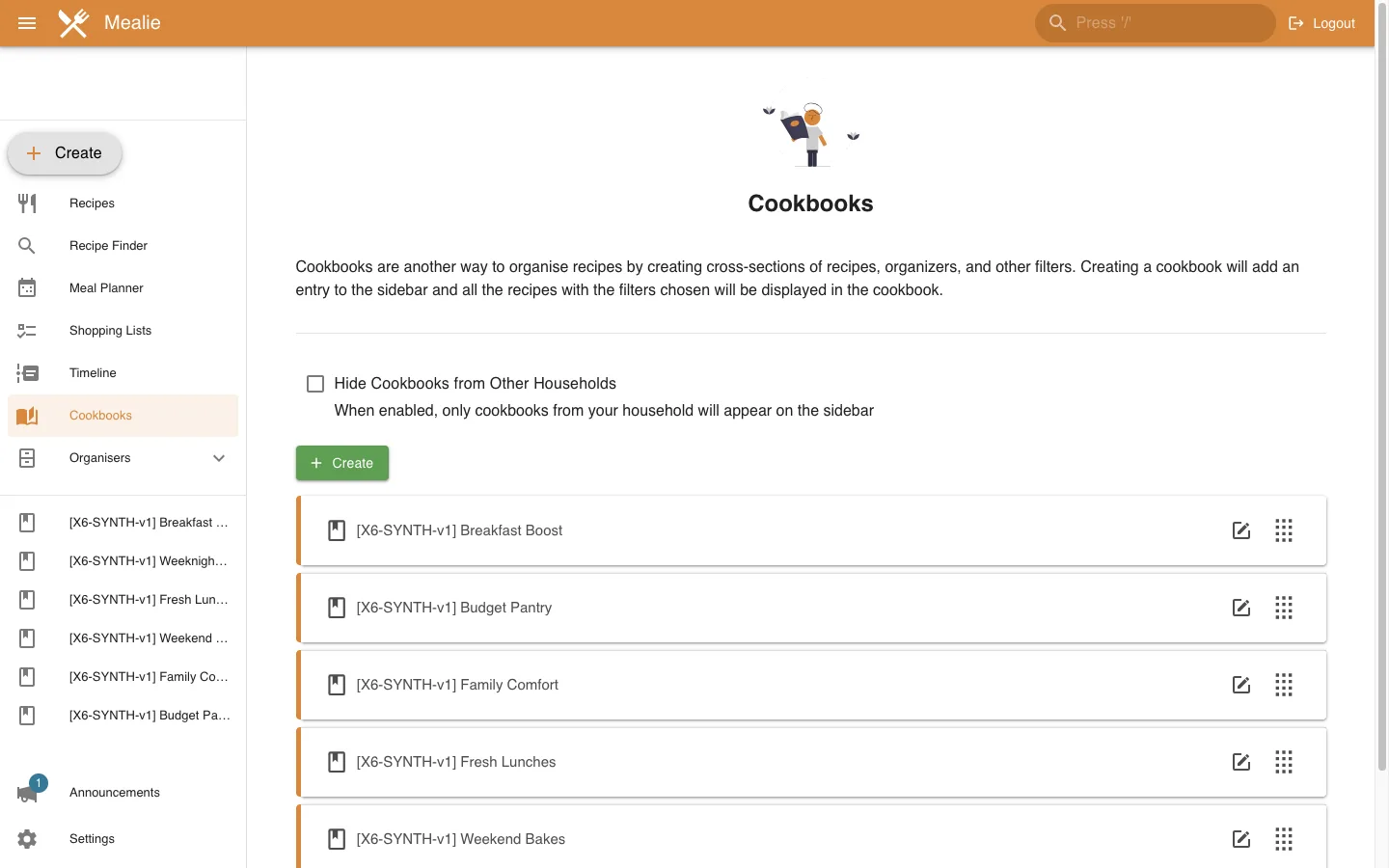 Cookbooks overview in the Mealie interface