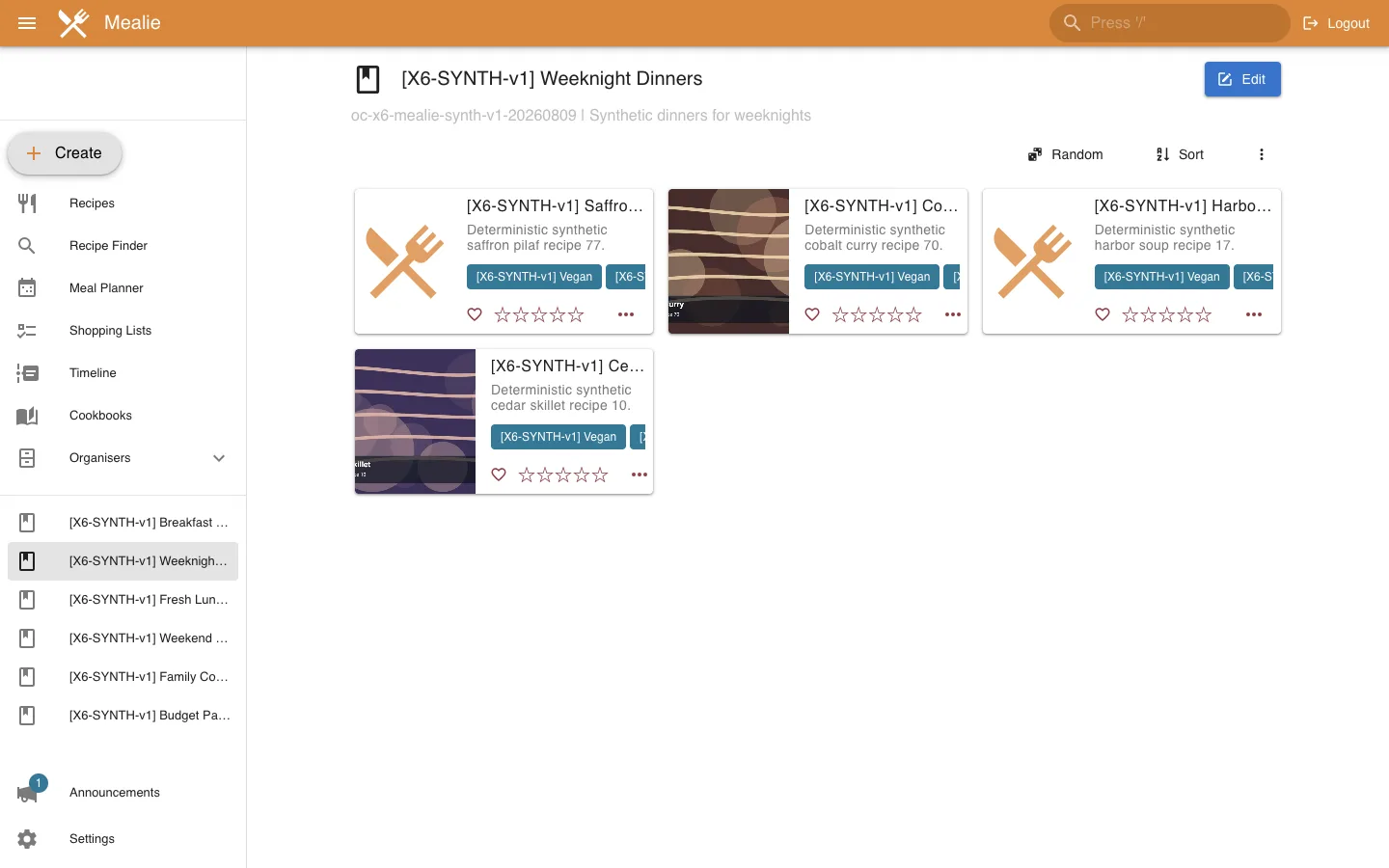 Weeknight Dinners cookbook detail in desktop light theme in the Mealie interface