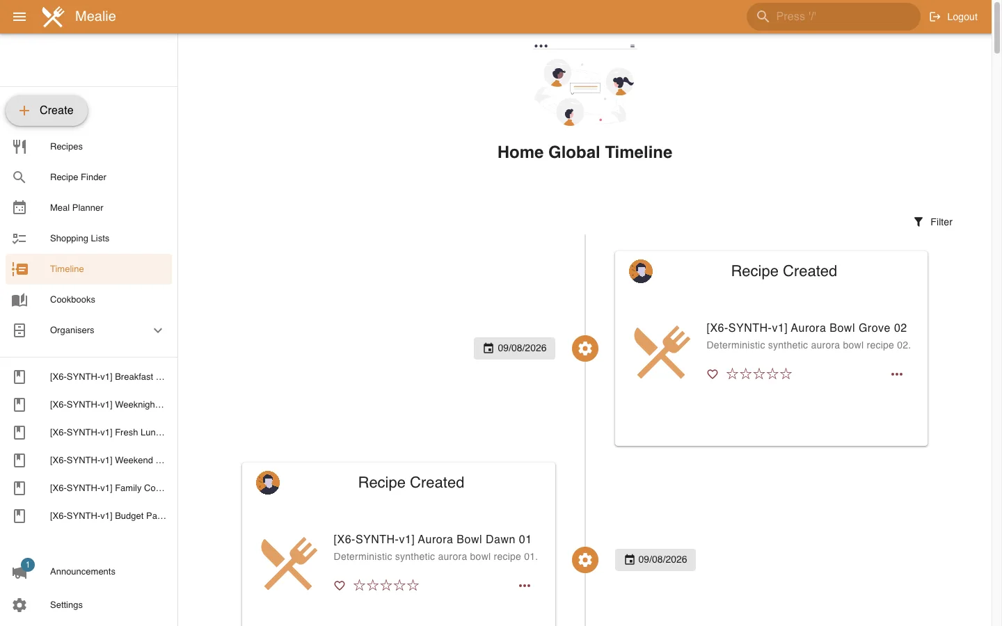 Populated global recipe timeline in the Mealie interface
