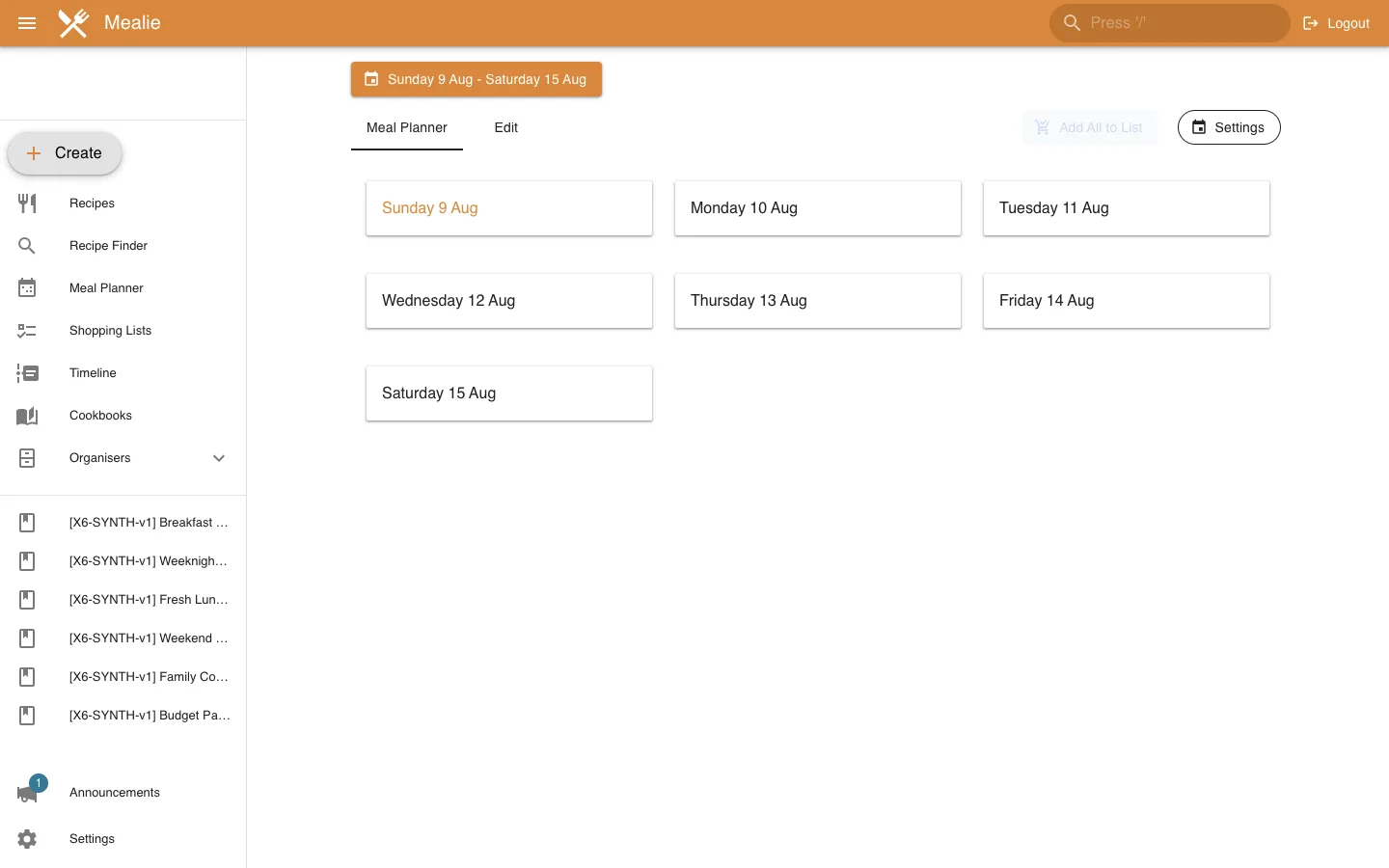 Weekly meal planner overview in the Mealie interface