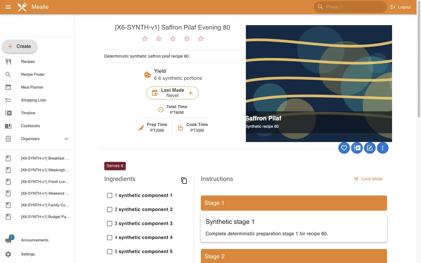 Saffron Pilaf recipe overview with image in the Mealie interface