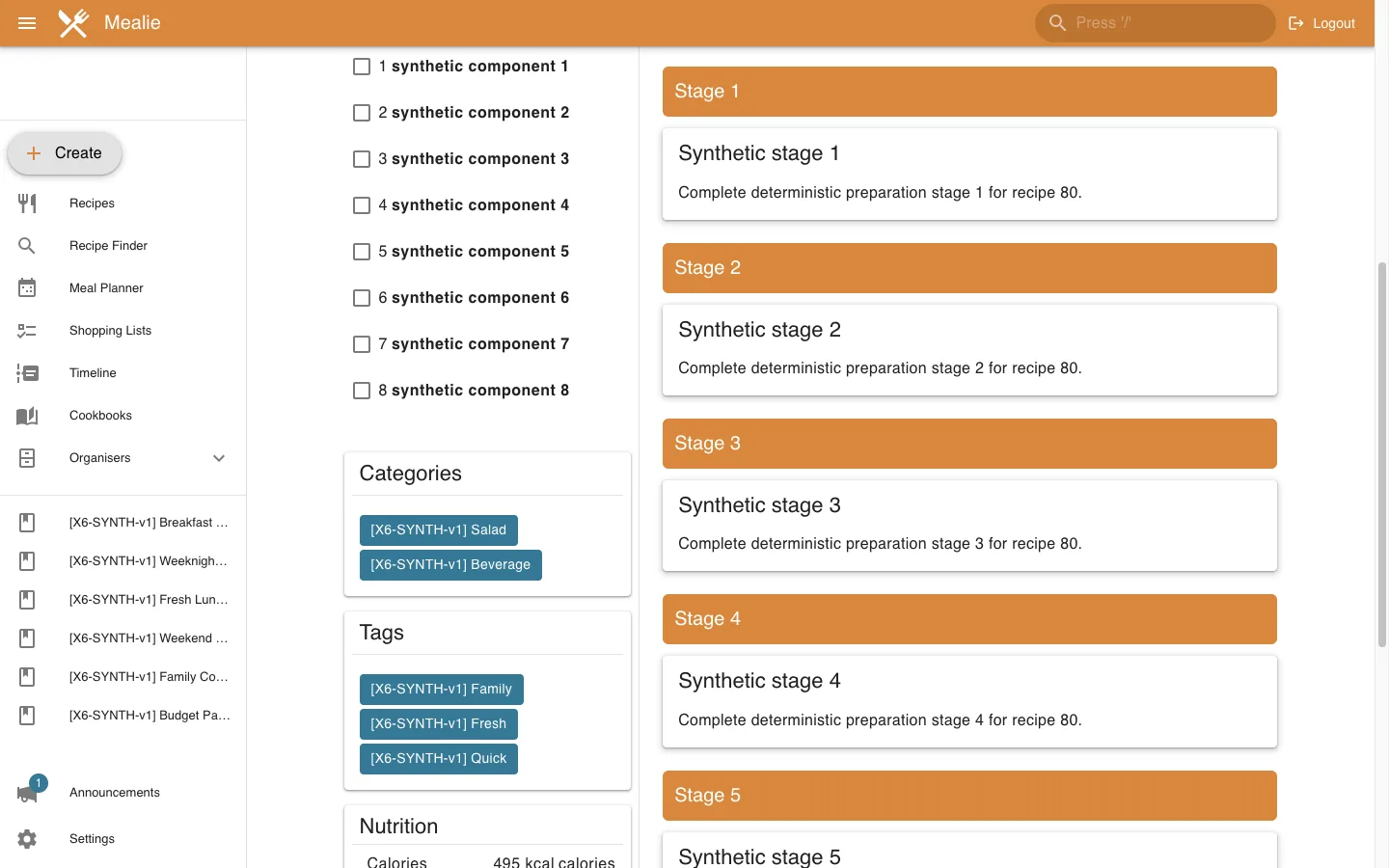 Recipe ingredients and staged instructions in the Mealie interface