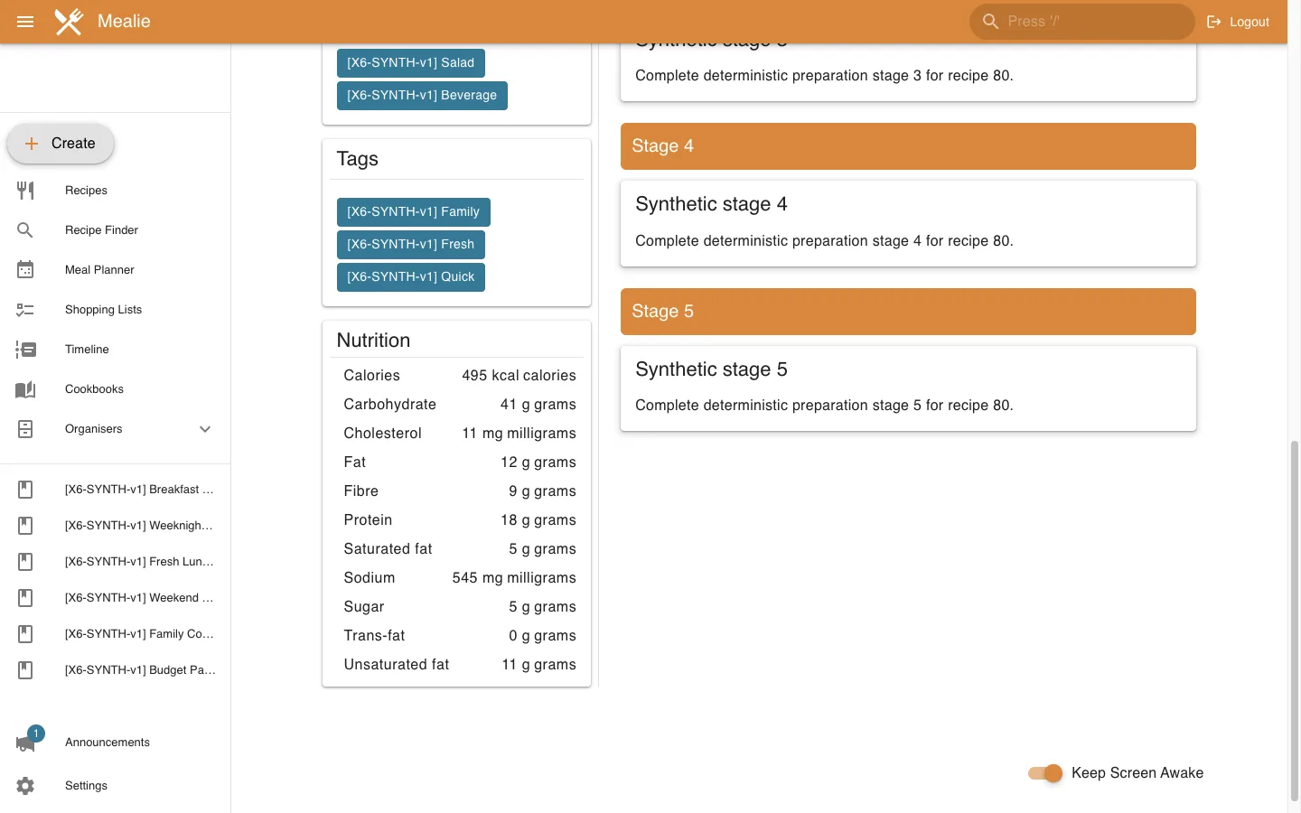 Recipe nutrition and final instruction stages in the Mealie interface