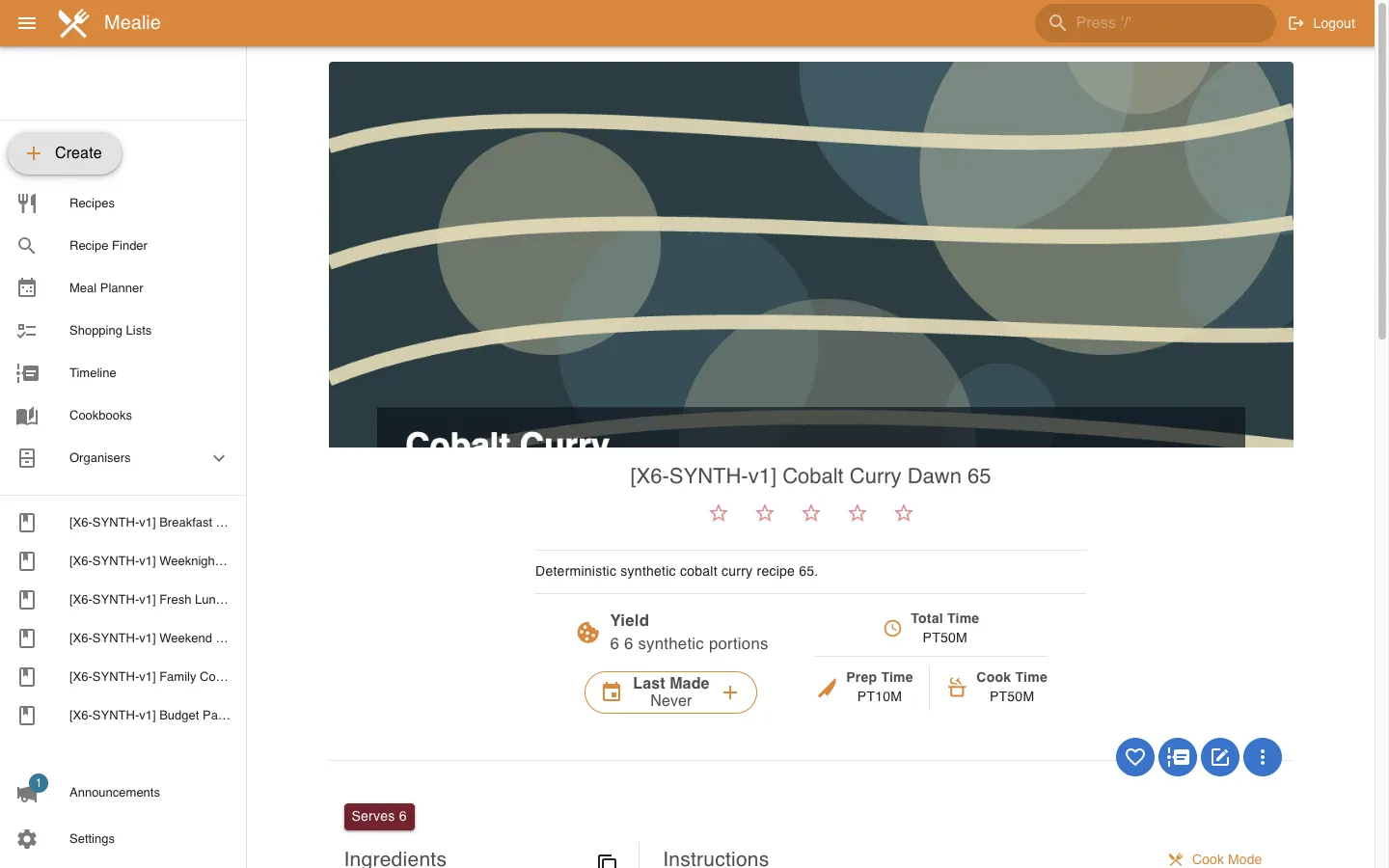 Cobalt Curry Dawn recipe with image in the Mealie interface