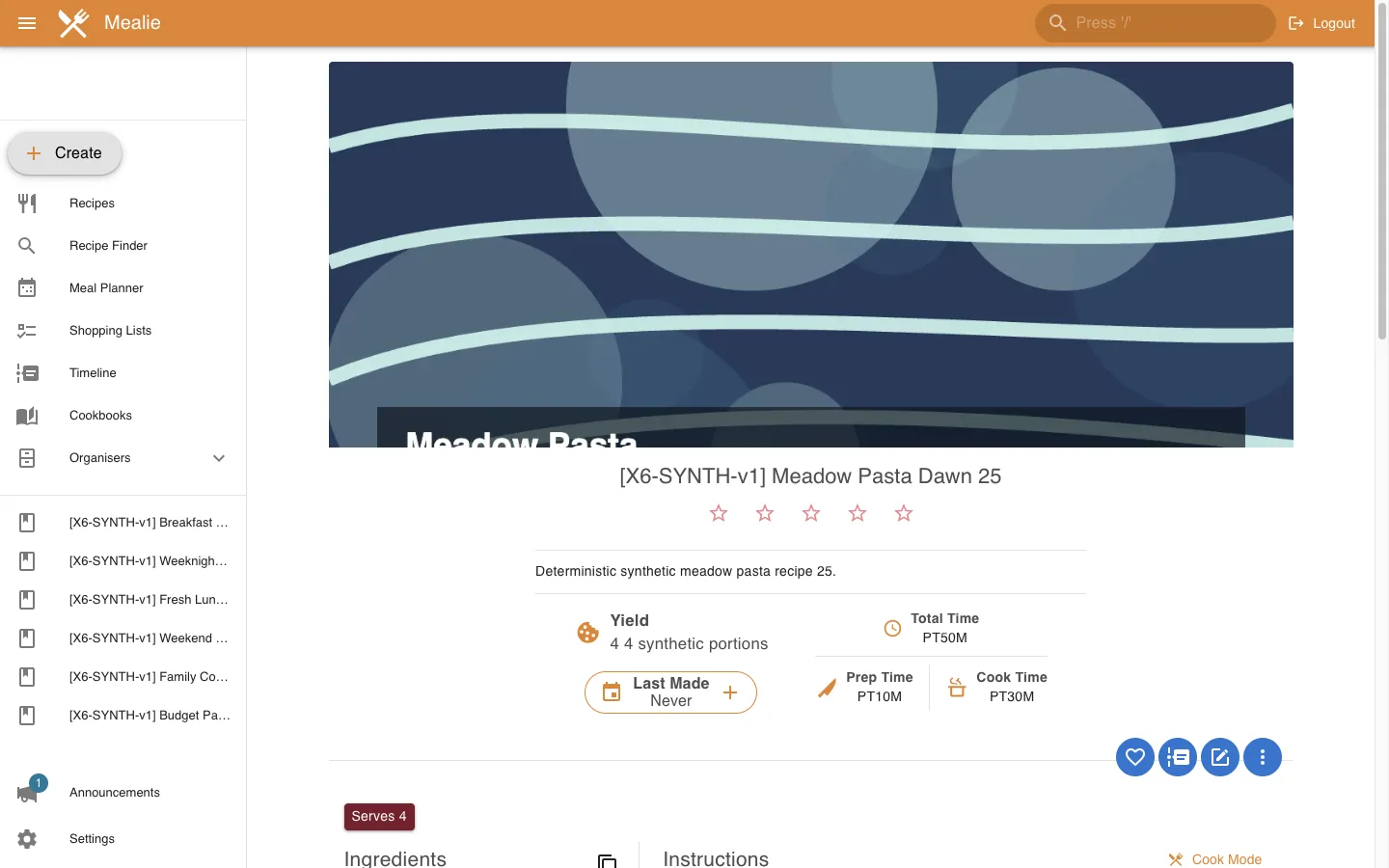 Meadow Pasta recipe with image in the Mealie interface