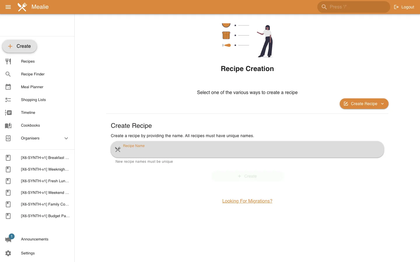 Manual recipe creation form without submission in desktop light layout in the Mealie interface