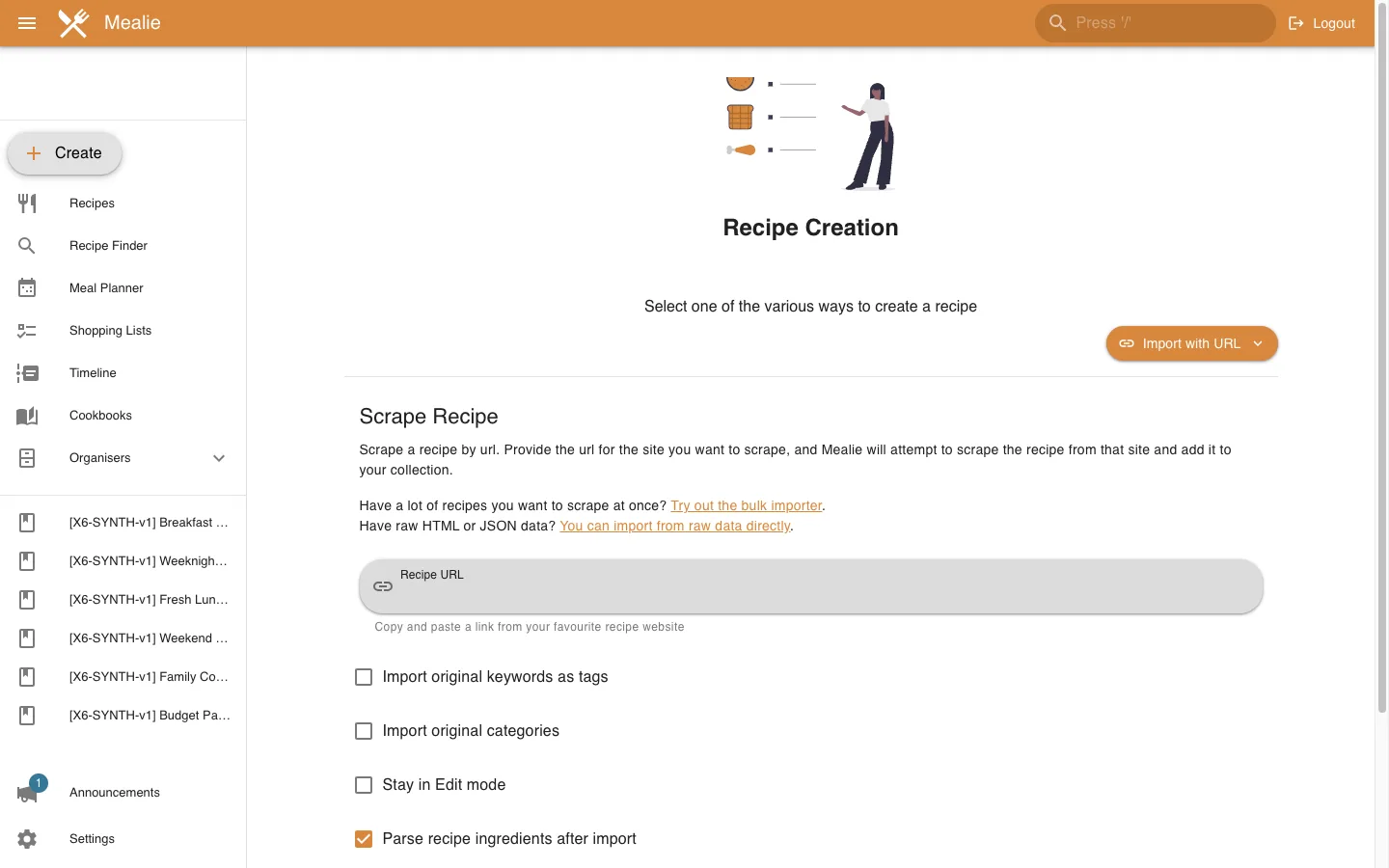 Recipe URL import form without scraping in the Mealie interface