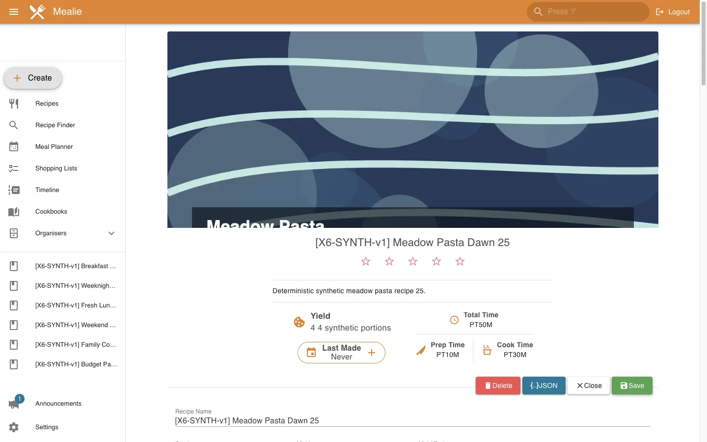 Populated recipe edit form without submission in the Mealie interface