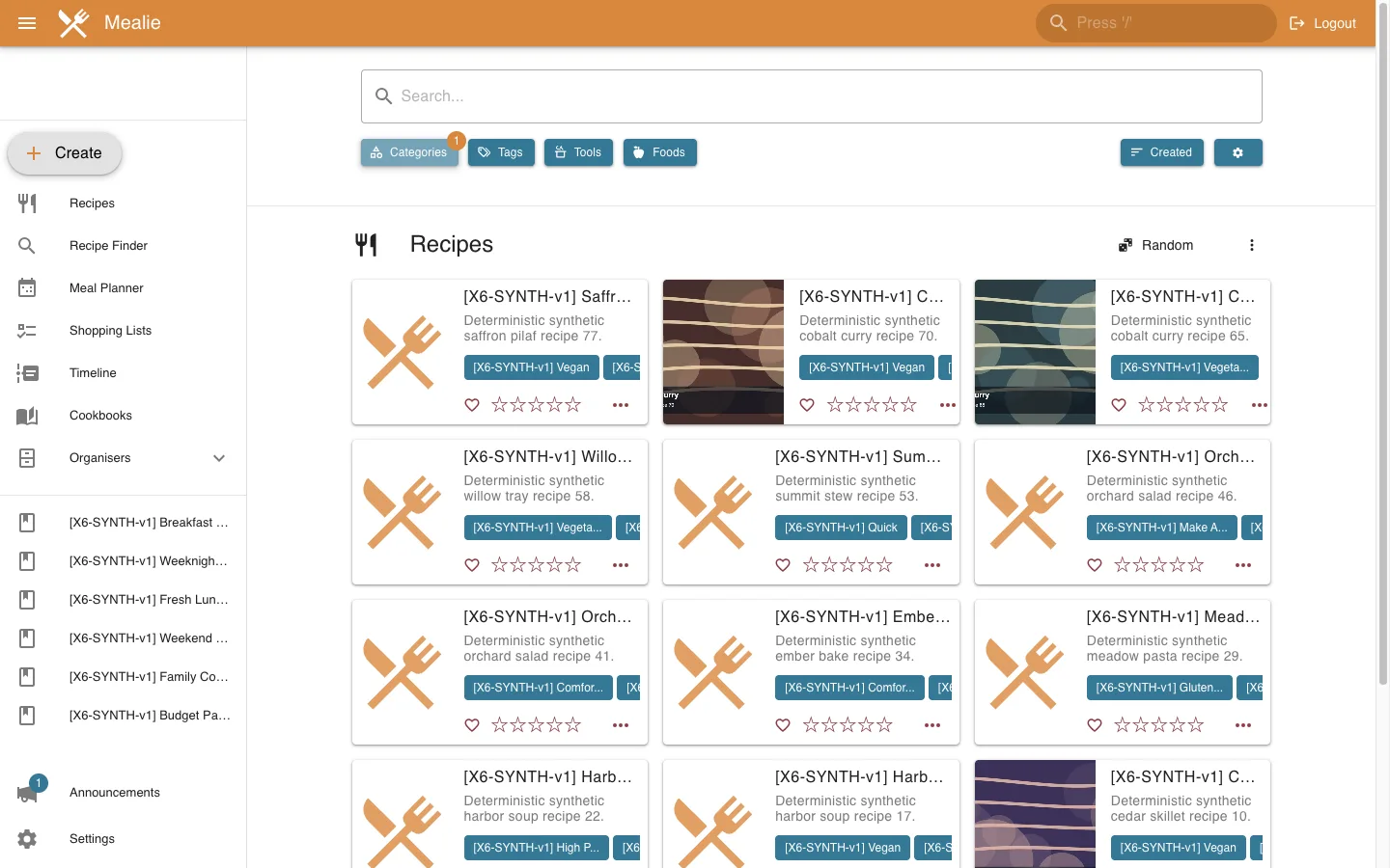 Populated recipes filtered by one category in the Mealie interface