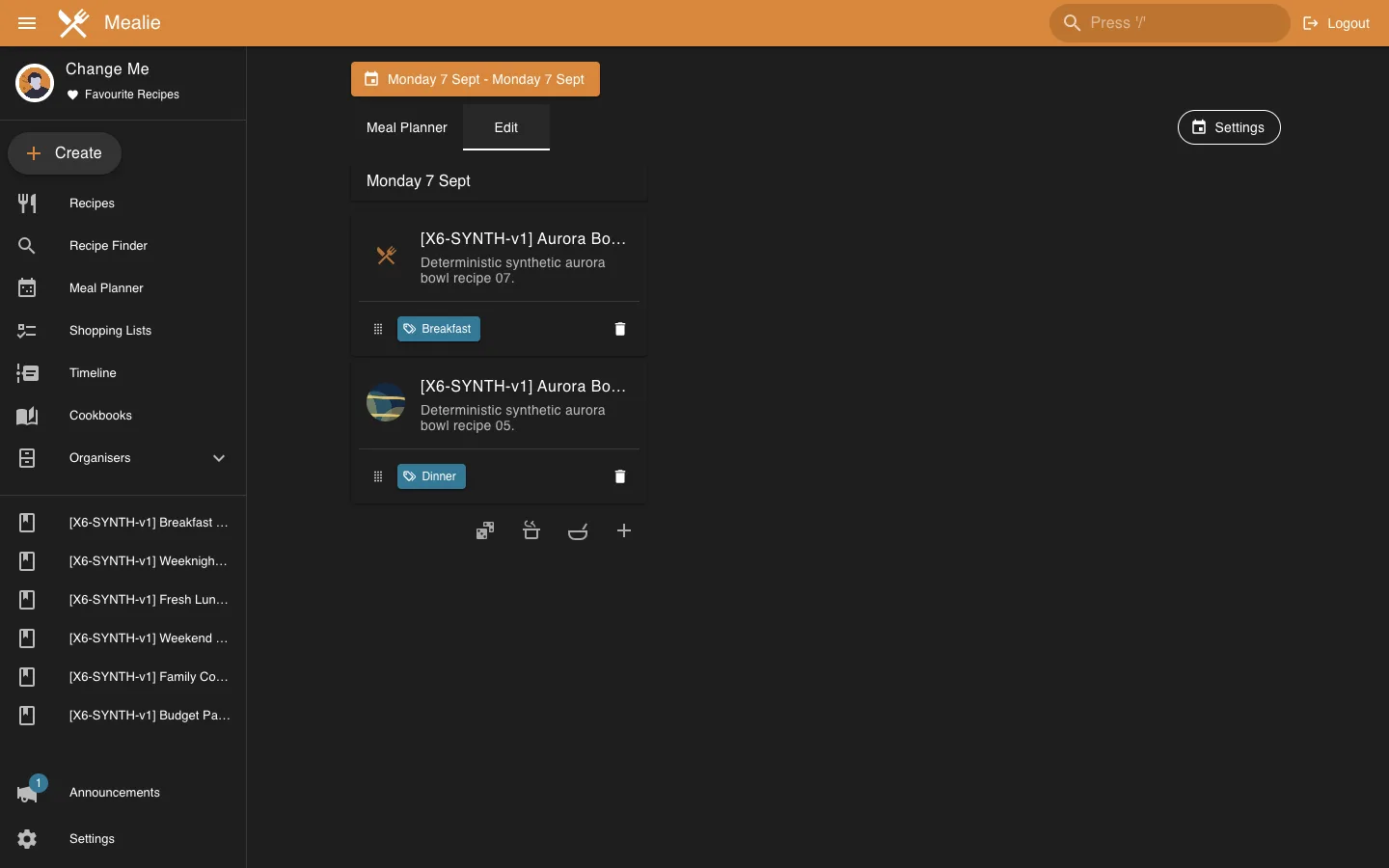 Meal planner entry editor with breakfast and dinner entries in the Mealie interface