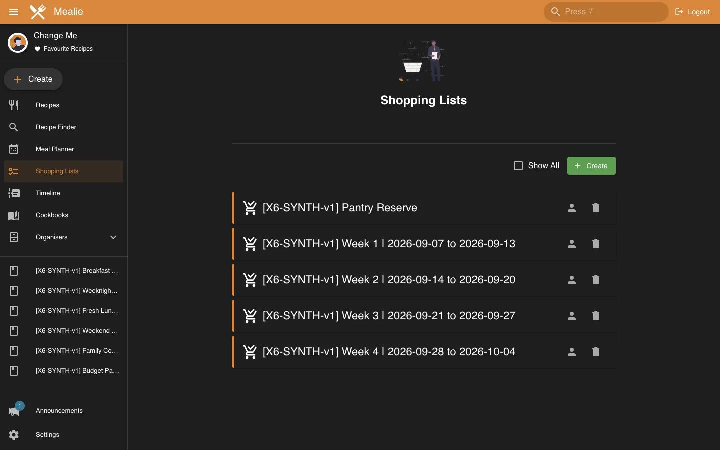 Shopping lists overview with four seeded weeks and pantry reserve in the Mealie interface