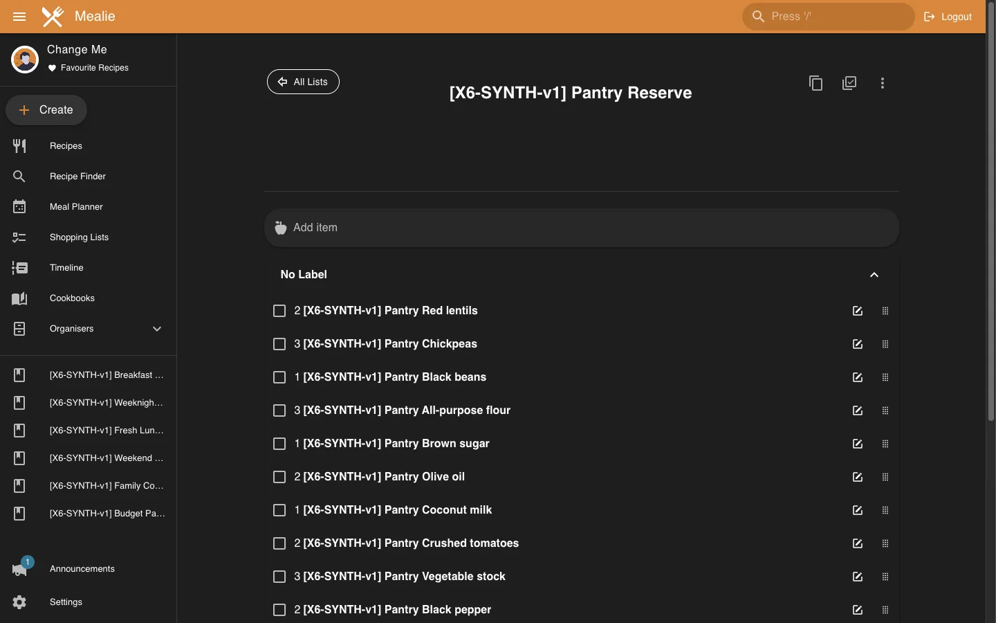 Pantry reserve shopping list with unchecked items in the Mealie interface