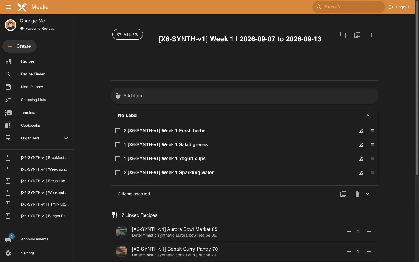 Week 1 shopping list with recipe-derived items and linked recipes in the Mealie interface