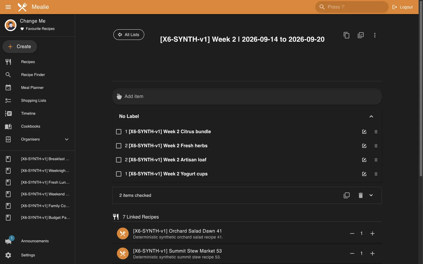 Week 2 shopping list with recipe-derived items and linked recipes in the Mealie interface