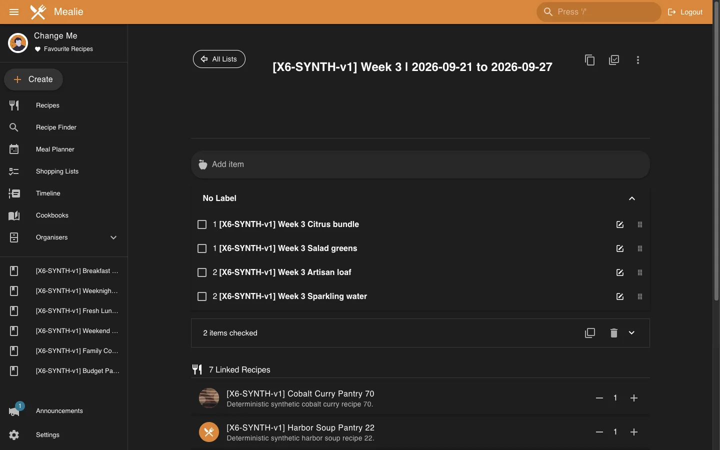 Week 3 shopping list with recipe-derived items and linked recipes in the Mealie interface