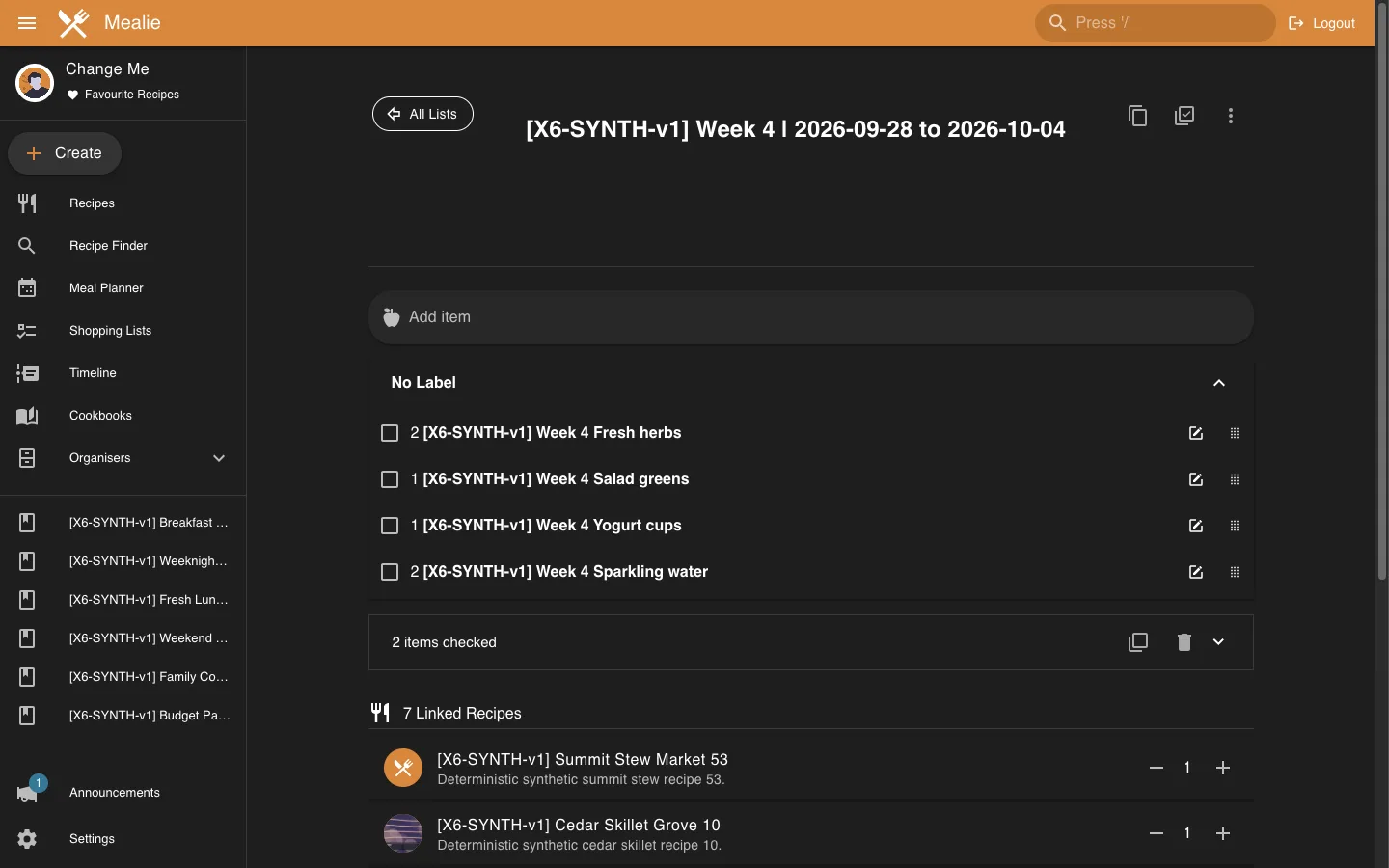 Week 4 shopping list with recipe-derived items and linked recipes in the Mealie interface
