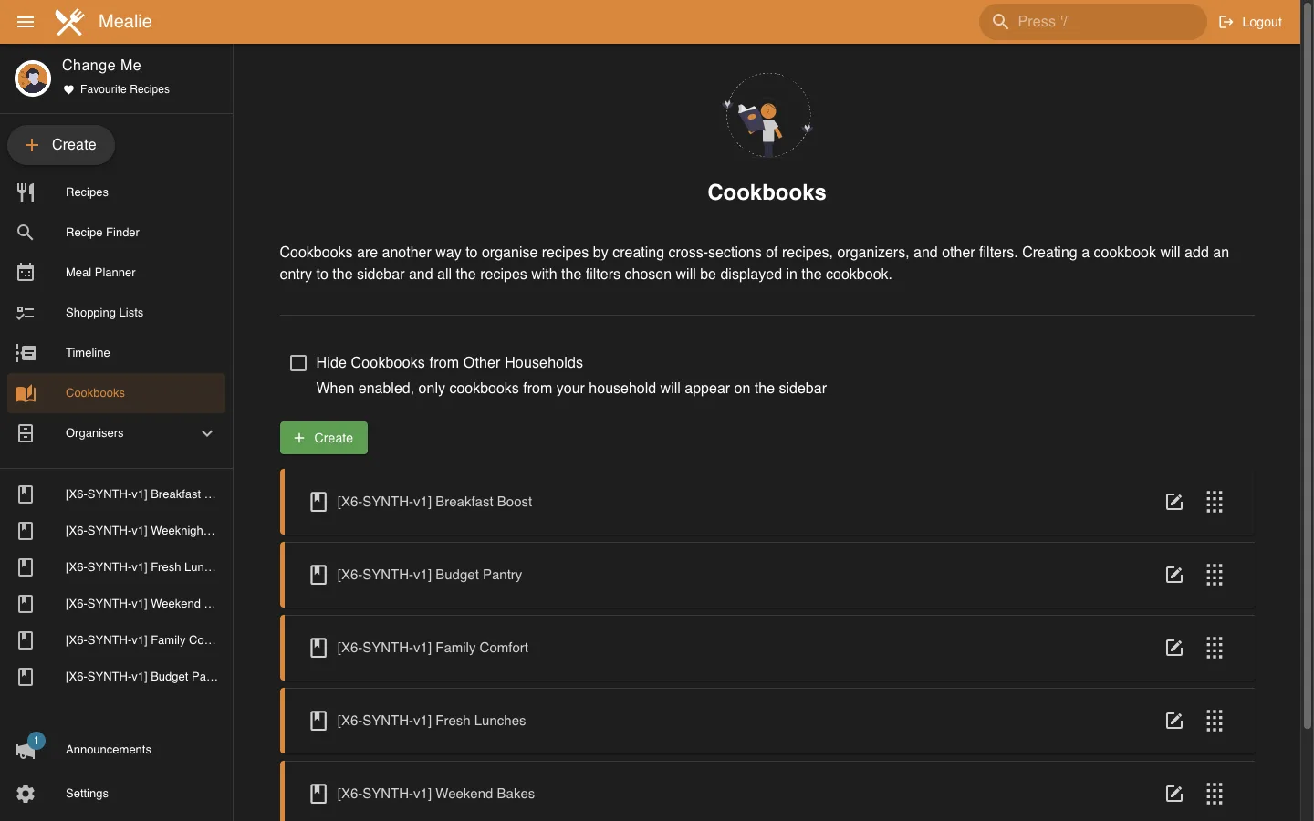 Cookbooks overview with seeded collections in the Mealie interface