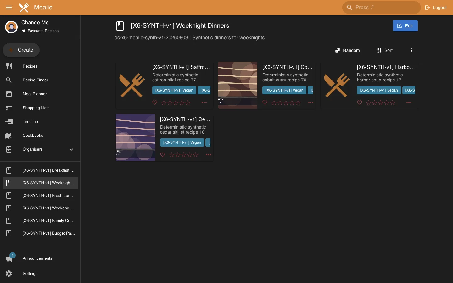 Weeknight Dinners cookbook detail in desktop dark theme in the Mealie interface