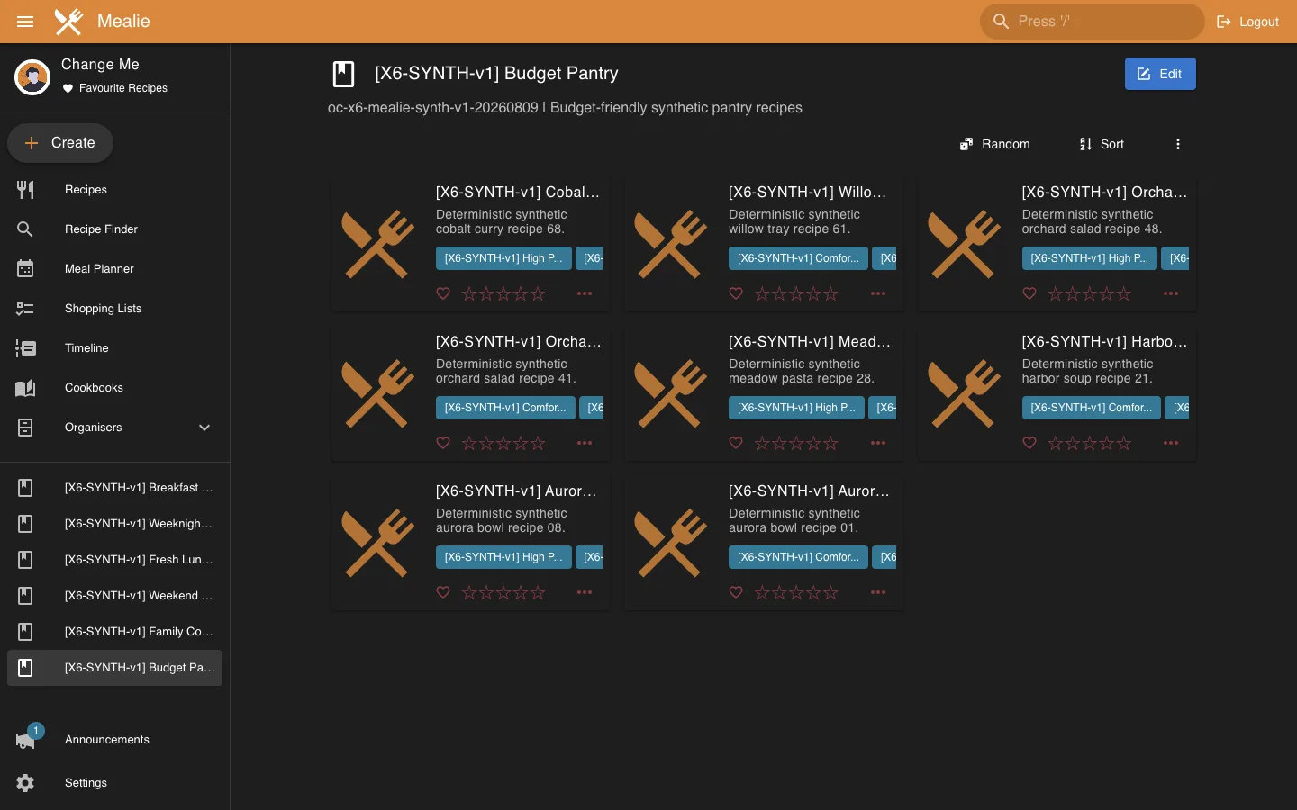 Budget Pantry cookbook detail in the Mealie interface