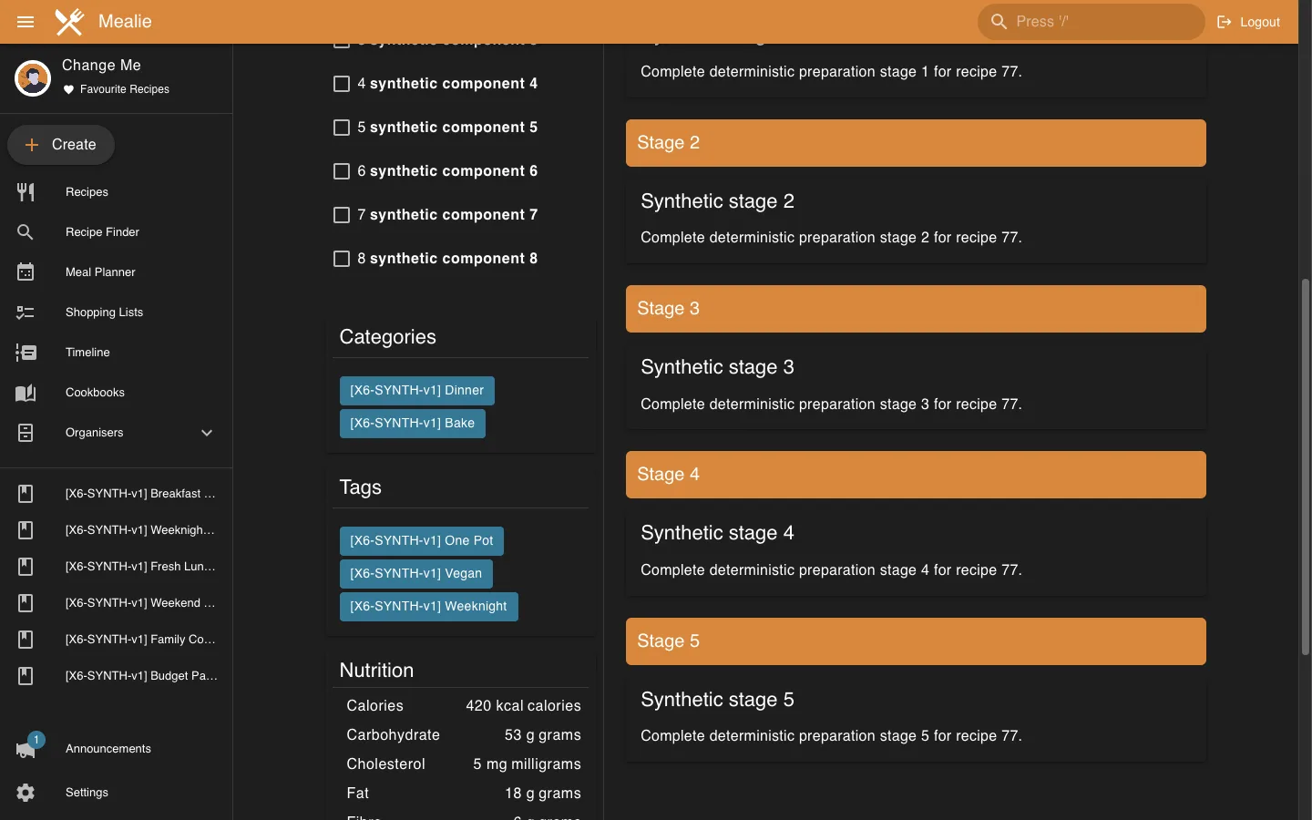 Recipe instruction stages, organizers, and nutrition in the Mealie interface