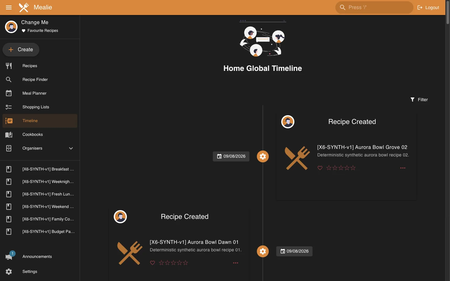 Recent global recipe timeline in the Mealie interface