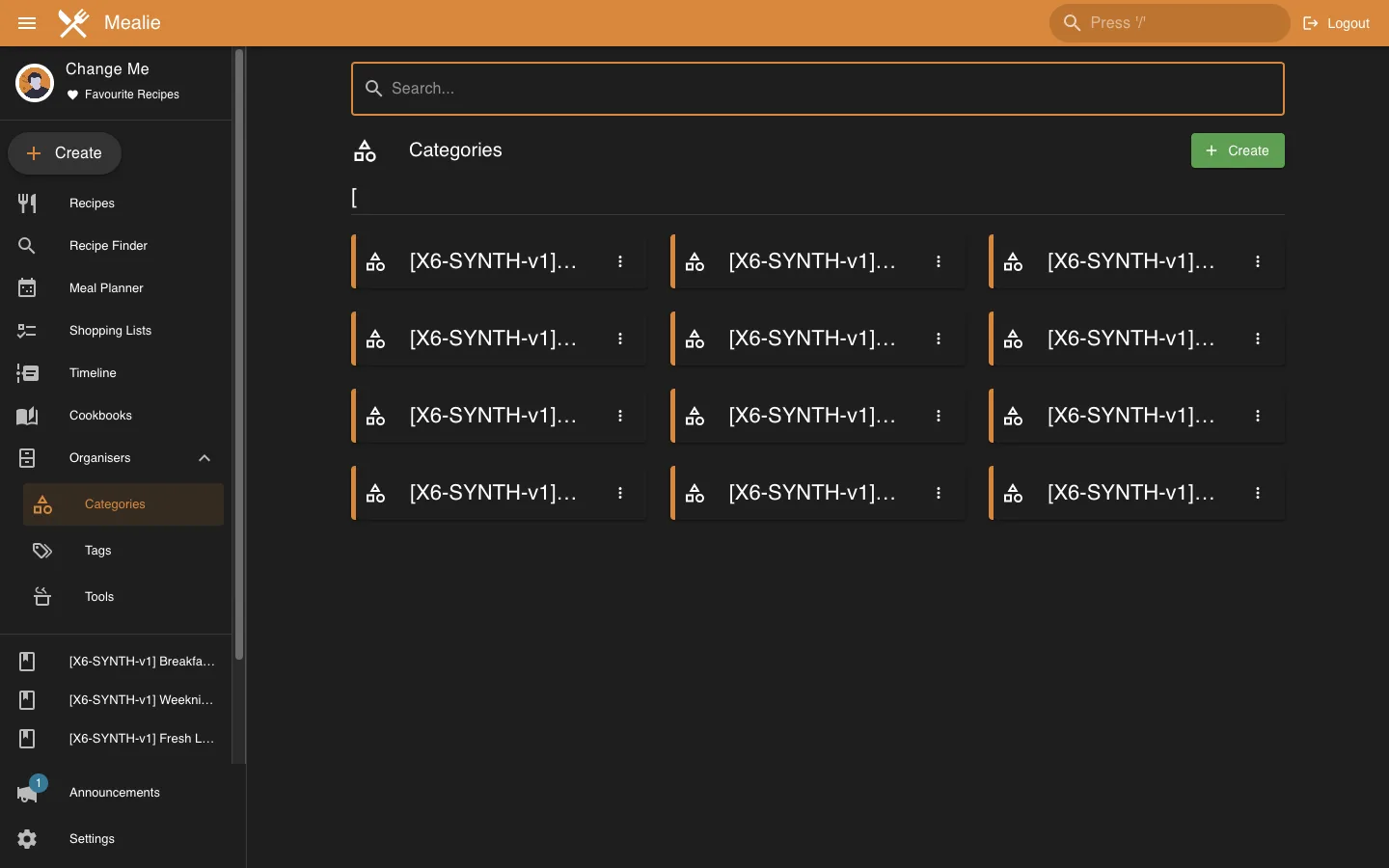Categories organizer overview in desktop dark theme in the Mealie interface