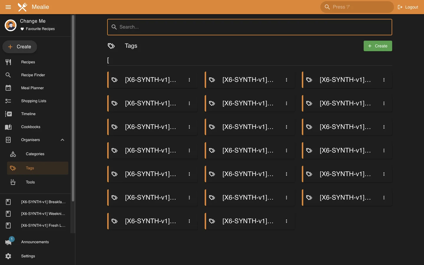 Tags organizer overview in desktop dark theme in the Mealie interface