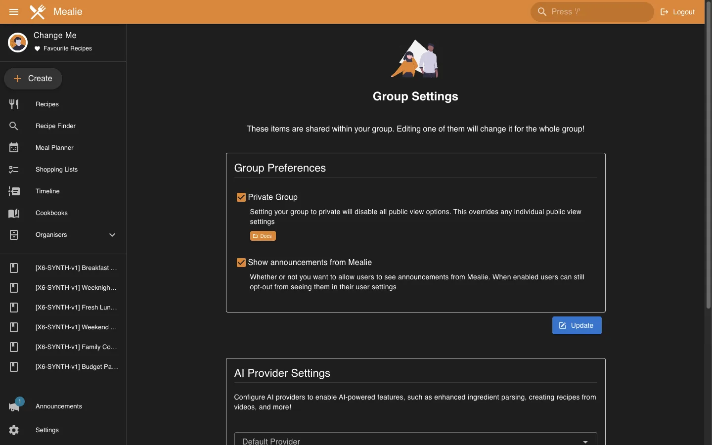 Group privacy and provider settings in the Mealie interface