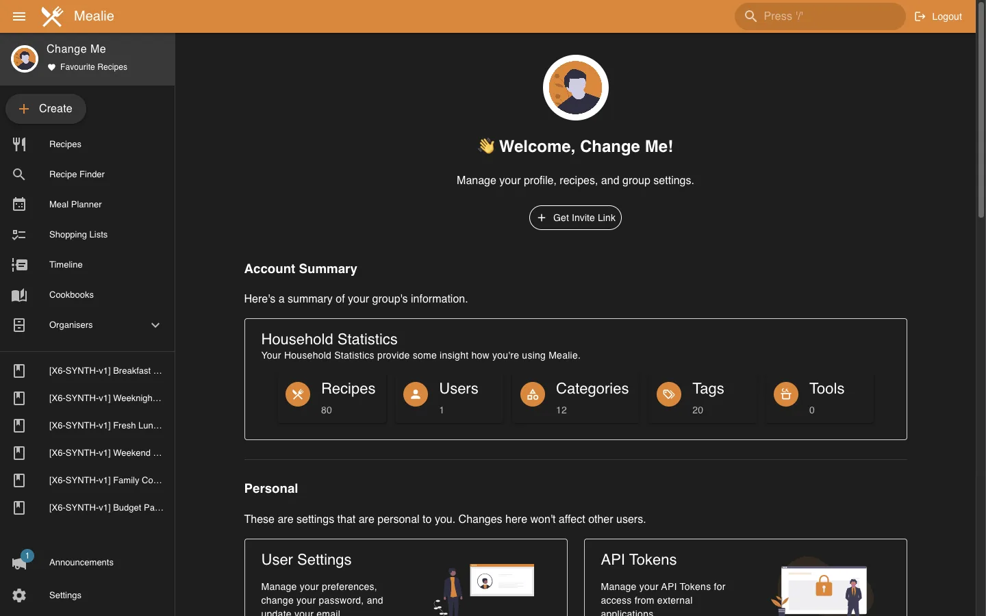 User profile and account summary overview in the Mealie interface