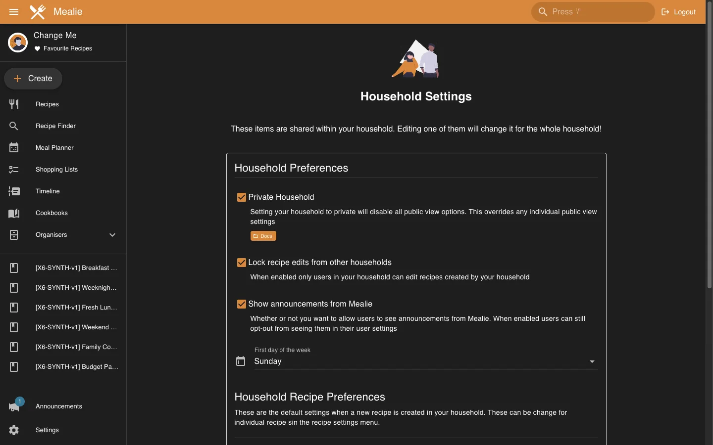 Household privacy and recipe settings in the Mealie interface