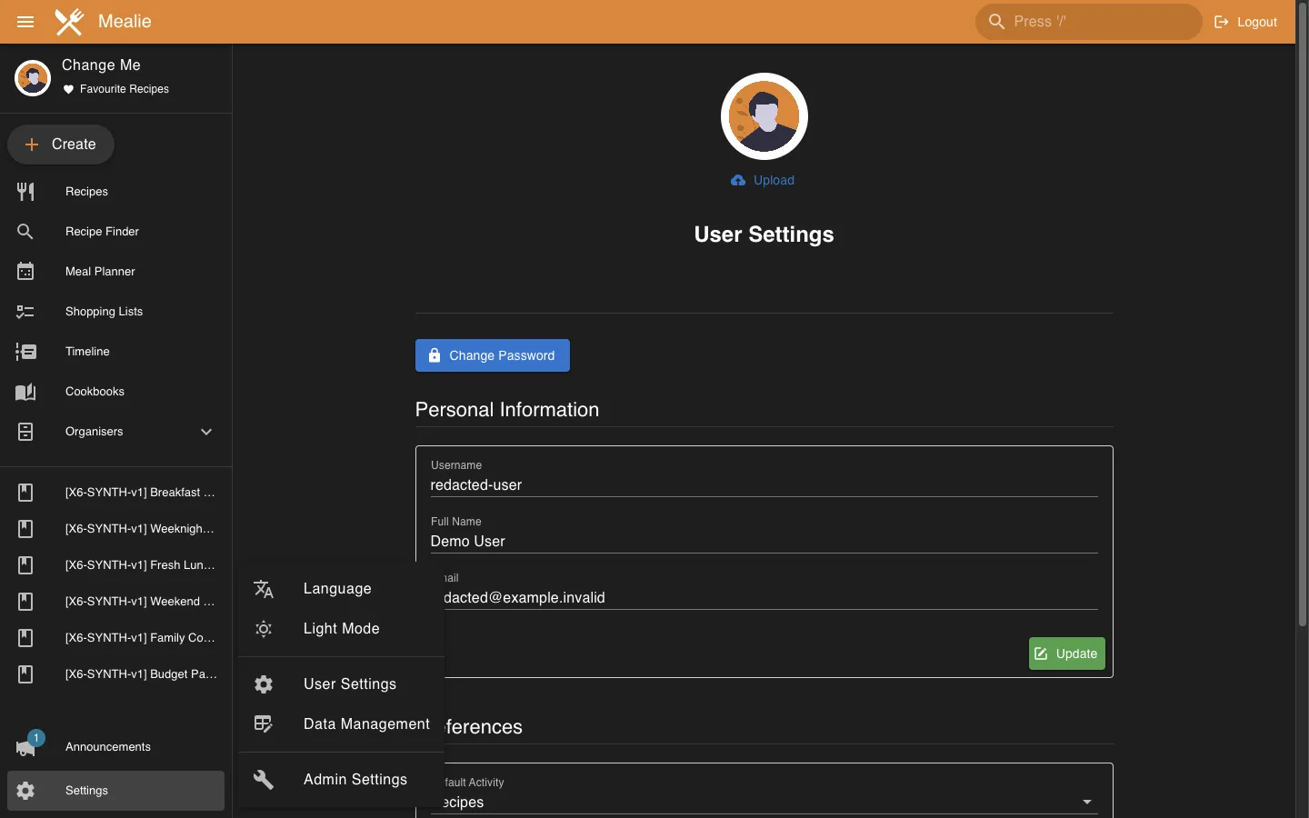 Redacted user settings with dark theme control visible in the Mealie interface