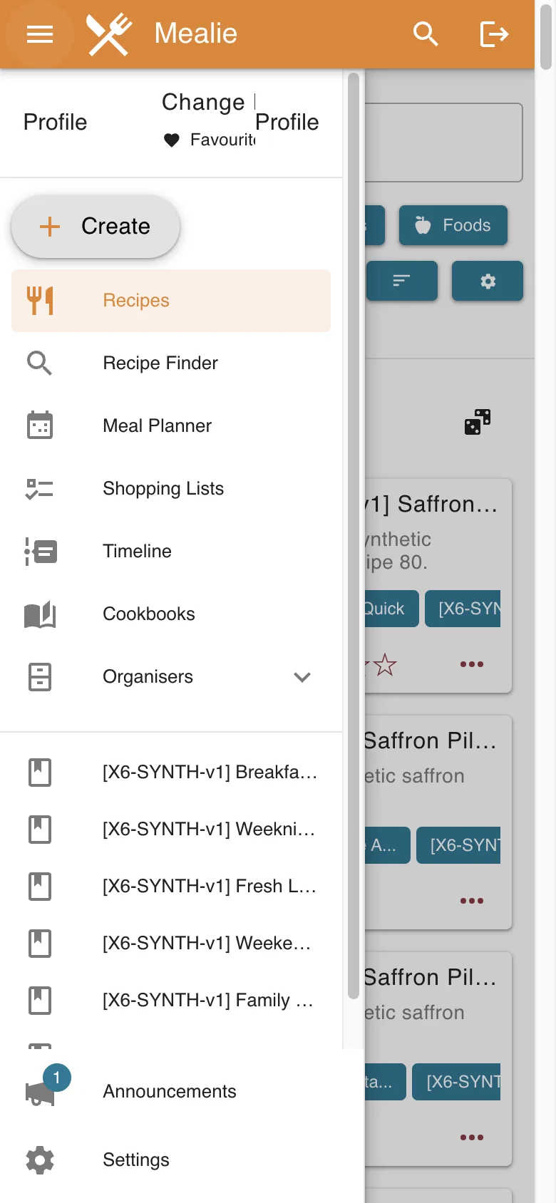 Responsive navigation drawer with redacted profile identity in the Mealie interface