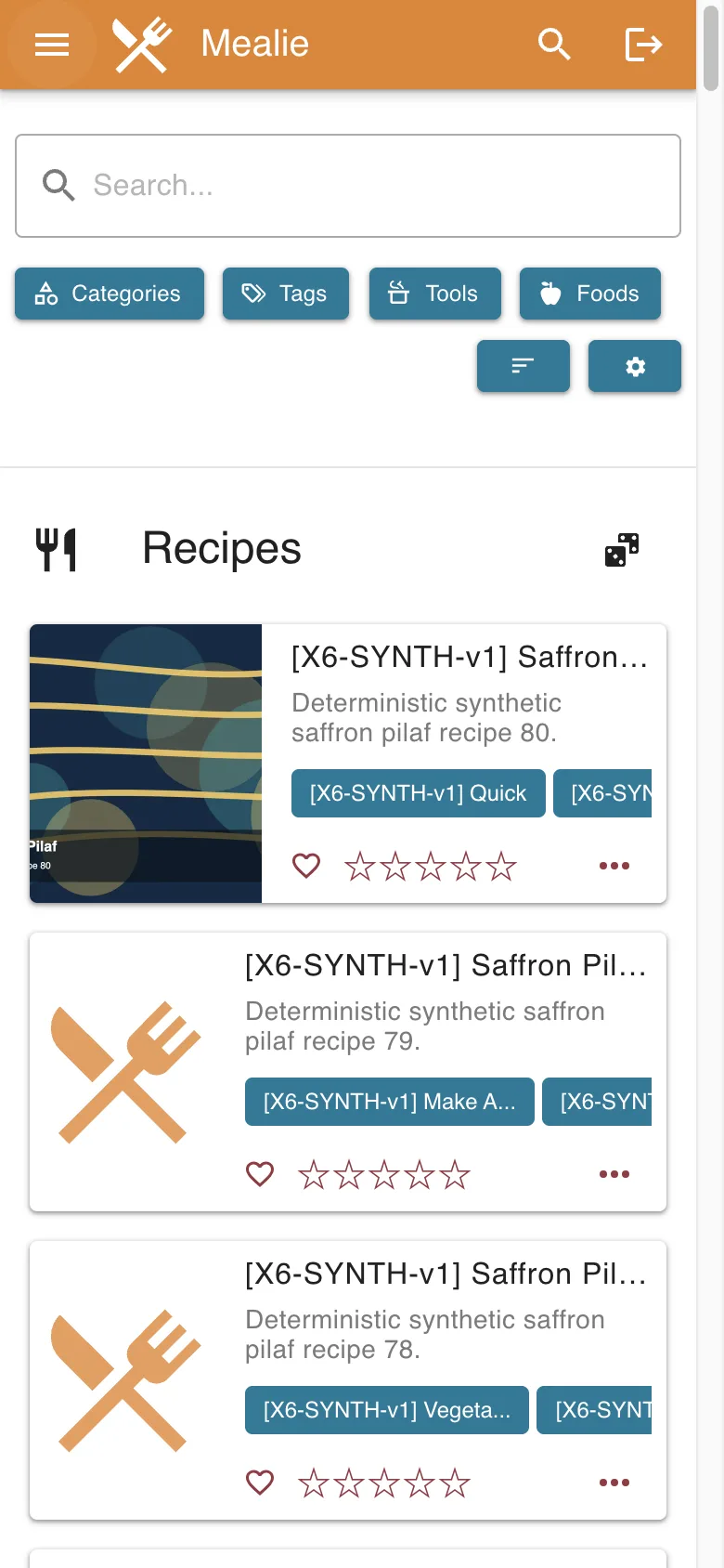Responsive recipe home grid collapsed to mobile card list in the Mealie interface
