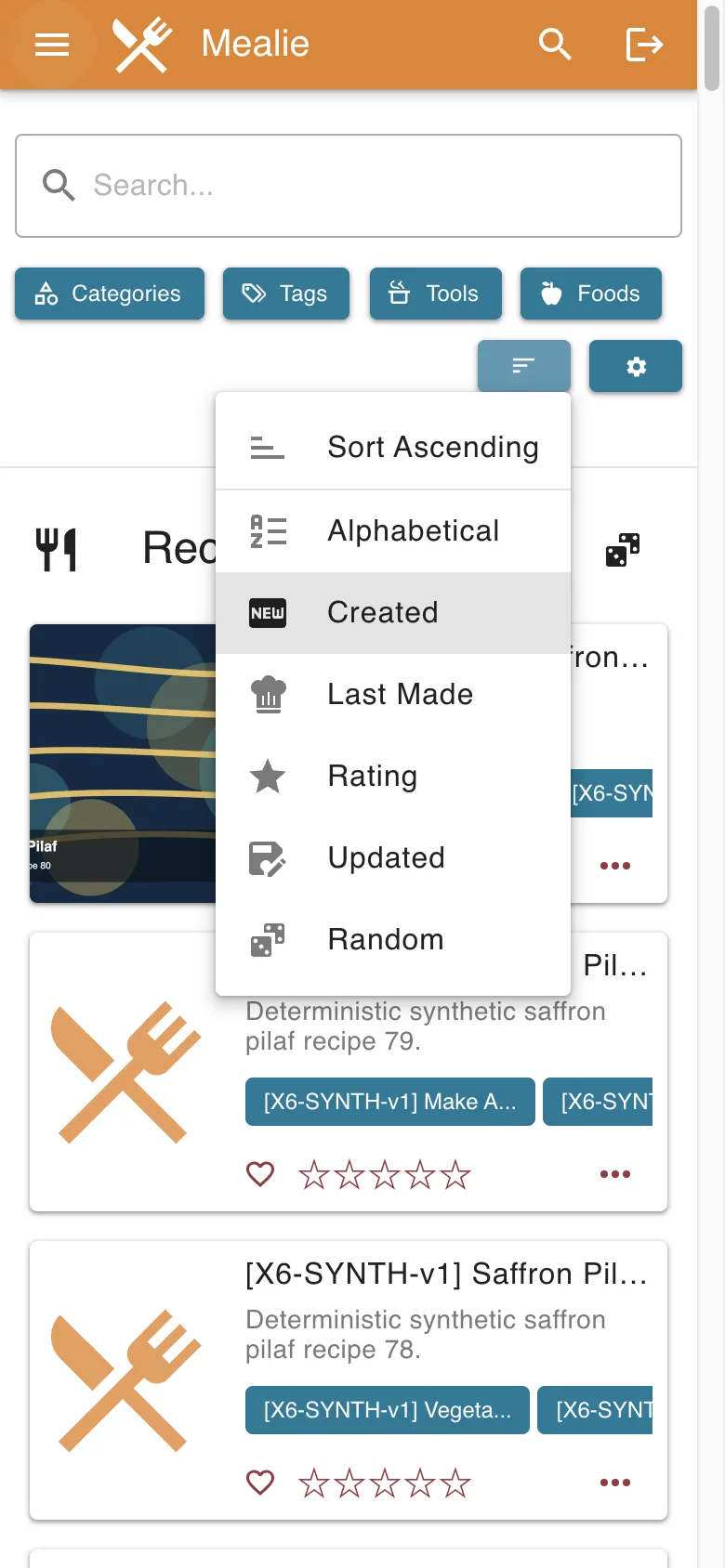 Mobile recipe home sorting and list controls in the Mealie interface