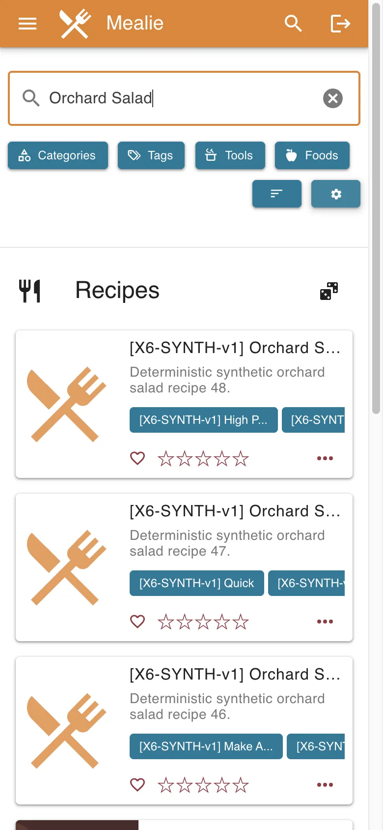 Mobile recipe search results for Orchard Salad in the Mealie interface