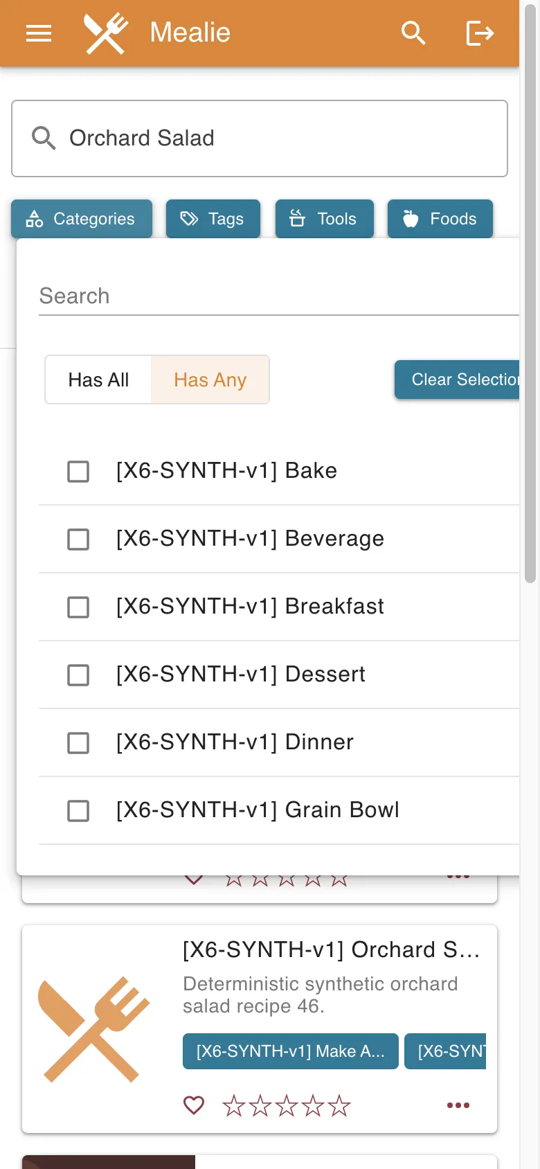 Mobile category filter panel over populated search results in the Mealie interface