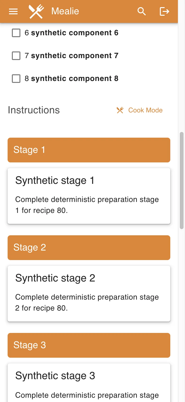 Recipe ingredient tail and staged instructions in the Mealie interface
