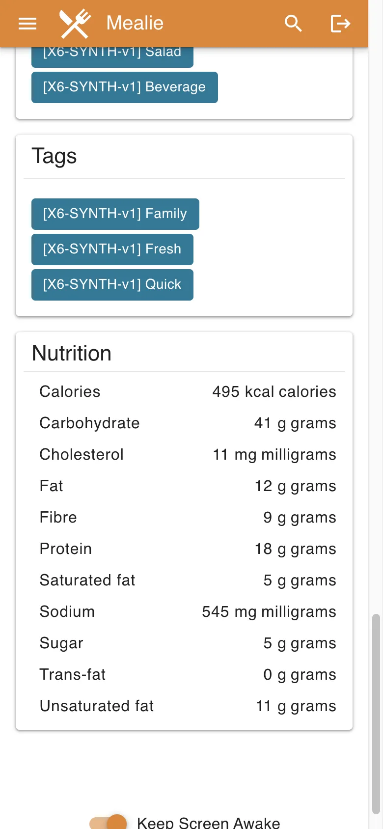 Recipe organizers and complete nutrition section in the Mealie interface